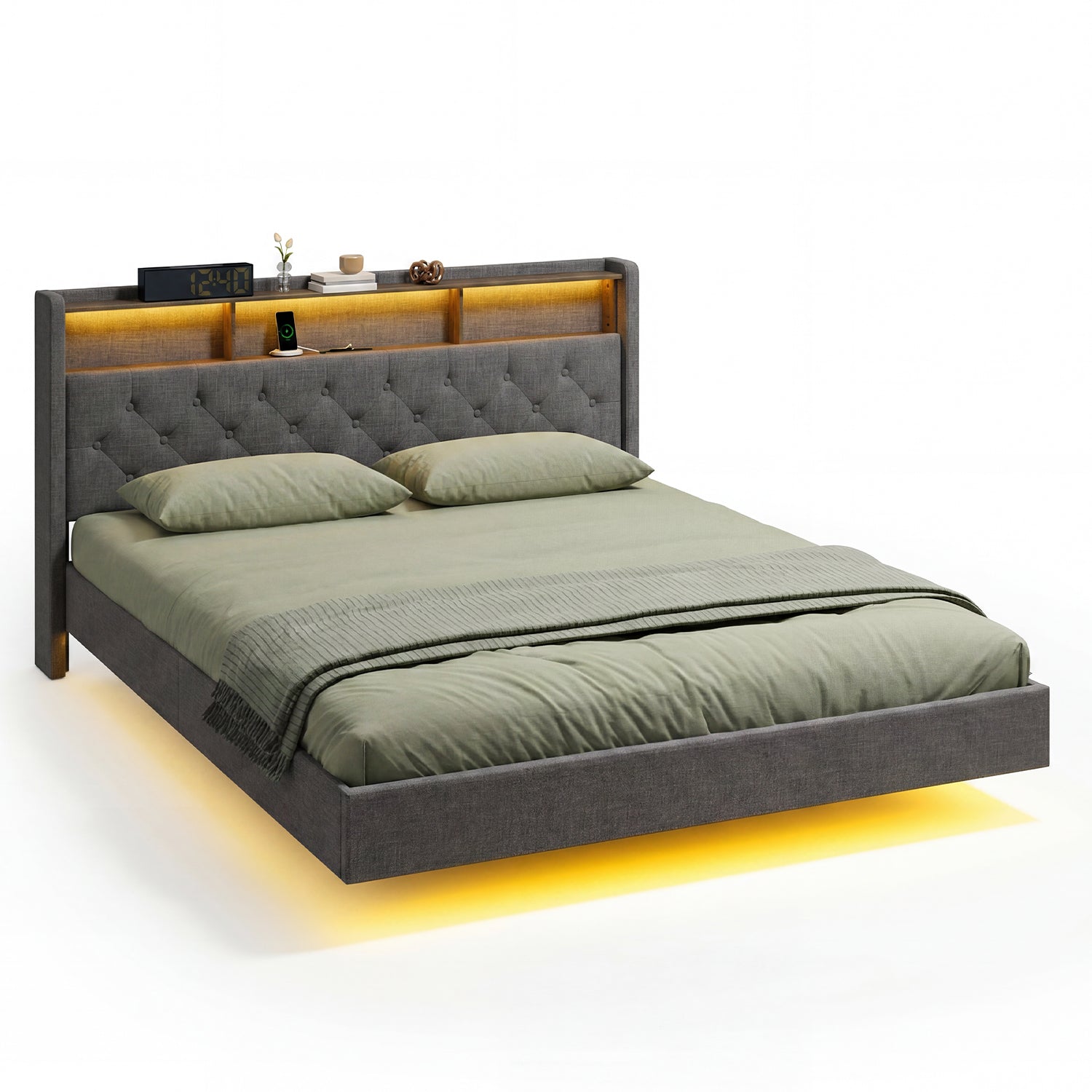 Bealife AF19 Polsterbett 160x200 cm, Queen-size Doppelbett mit Metall-Bettgestell und Kopfteil mit Stauraum
