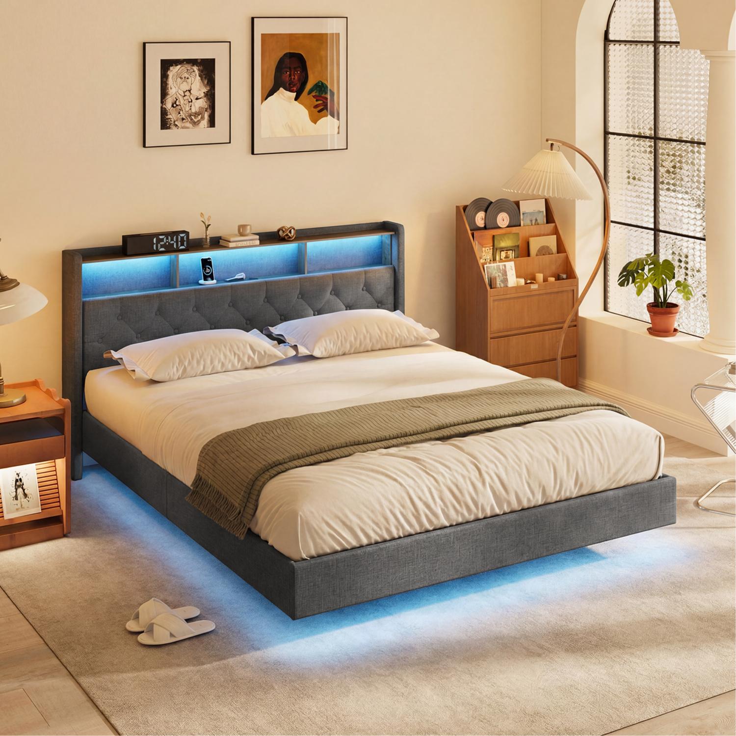 Bealife AF19 Polsterbett 160x200 cm, Queen-size Doppelbett mit Metall-Bettgestell und Kopfteil mit Stauraum