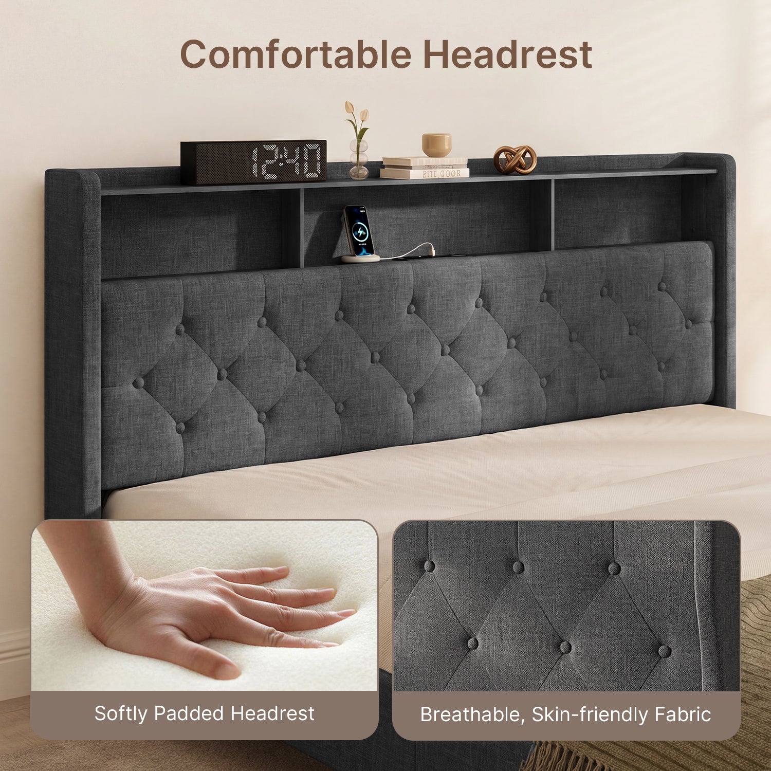 Bealife AF19 Polsterbett 160x200 cm, Queen-size Doppelbett mit Metall-Bettgestell und Kopfteil mit Stauraum