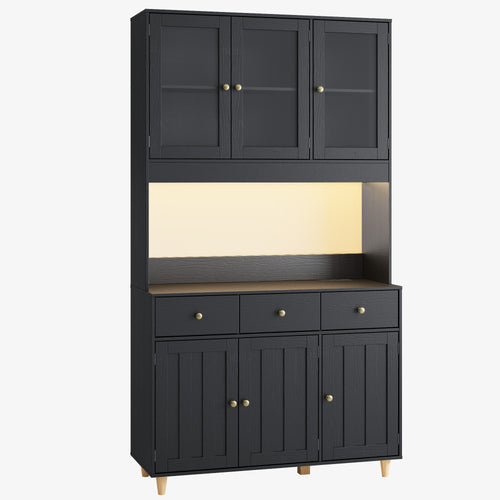 Bealife AP05 Küchenbuffet mit Acryl-Sichtfenster & LED-Beleuchtung 100×38×181 cm, Vitrinen Hochschrank mit verstellbaren Regalen für Ess- & Wohnzimmer