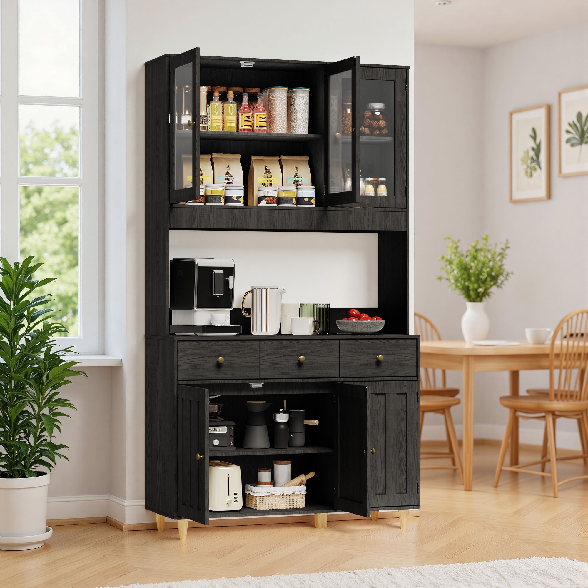 Bealife AP05 Küchenbuffet mit Acryl-Sichtfenster & LED-Beleuchtung 100×38×181 cm, Vitrinen Hochschrank mit verstellbaren Regalen für Ess- & Wohnzimmer
