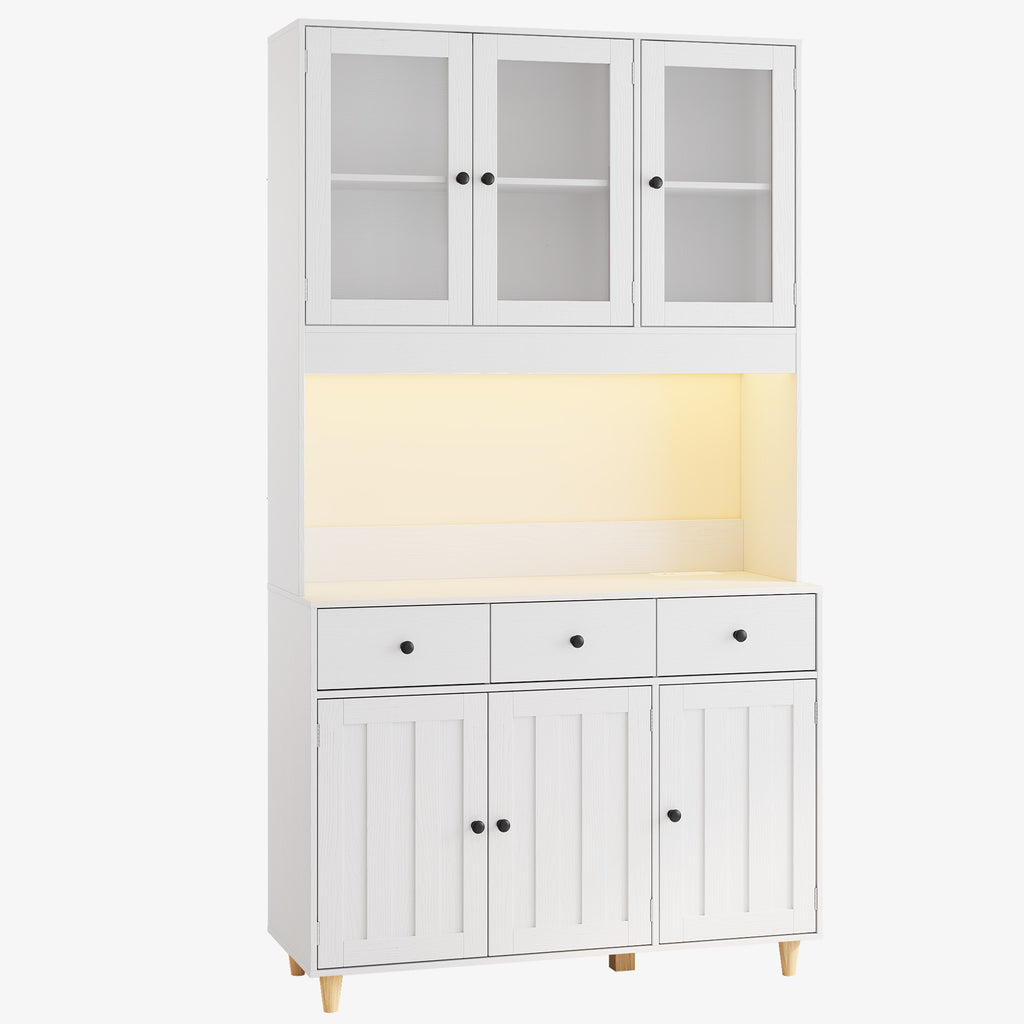 Bealife AP05 Küchenbuffet mit Acryl-Sichtfenster & LED-Beleuchtung 100×38×181 cm, Vitrinen Hochschrank mit verstellbaren Regalen für Ess- & Wohnzimmer