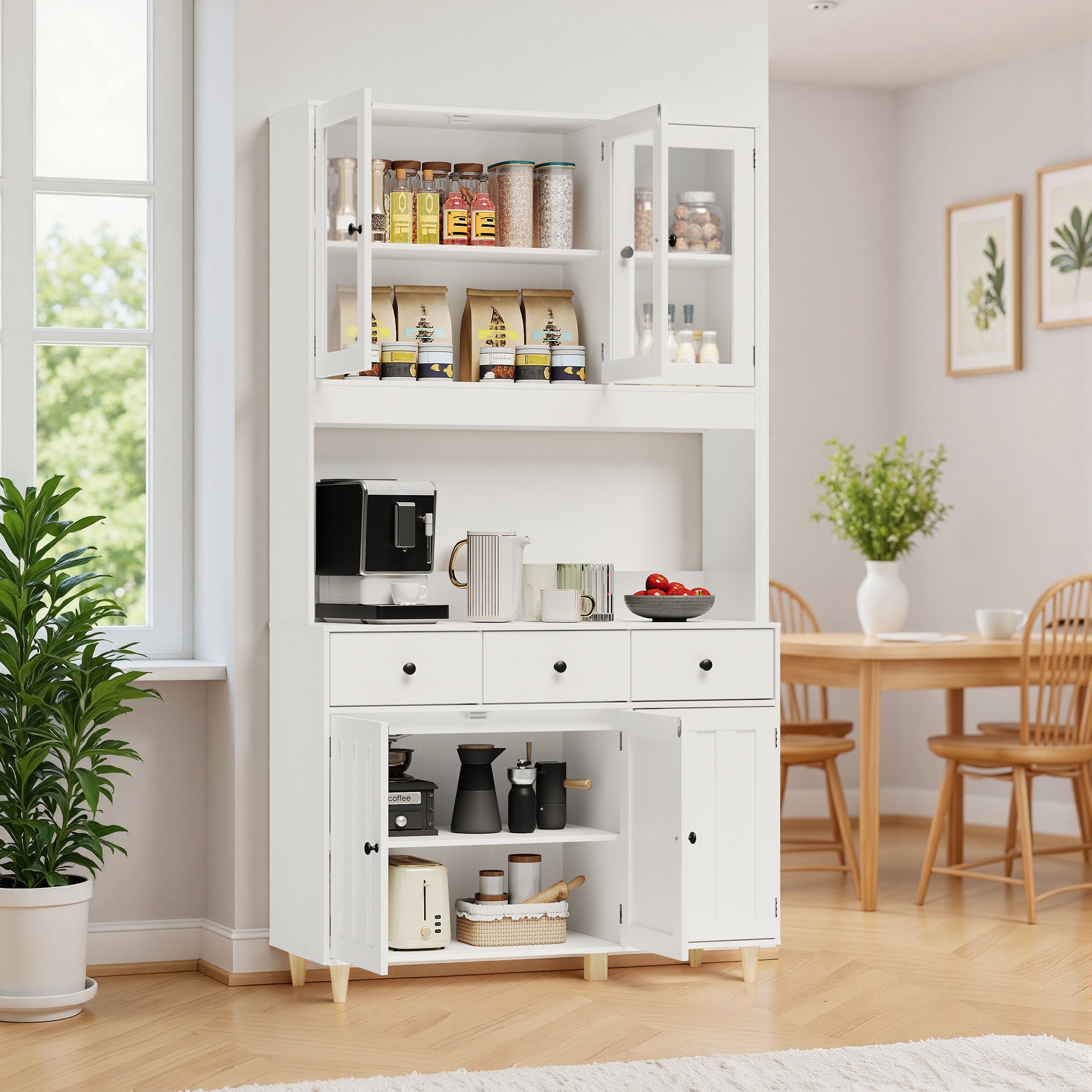 Bealife AP05 Küchenbuffet mit Acryl-Sichtfenster & LED-Beleuchtung 100×38×181 cm, Vitrinen Hochschrank mit verstellbaren Regalen für Ess- & Wohnzimmer