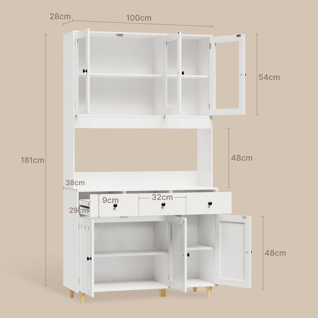 Bealife AP05 Küchenbuffet mit Acryl-Sichtfenster & LED-Beleuchtung 100×38×181 cm, Vitrinen Hochschrank mit verstellbaren Regalen für Ess- & Wohnzimmer