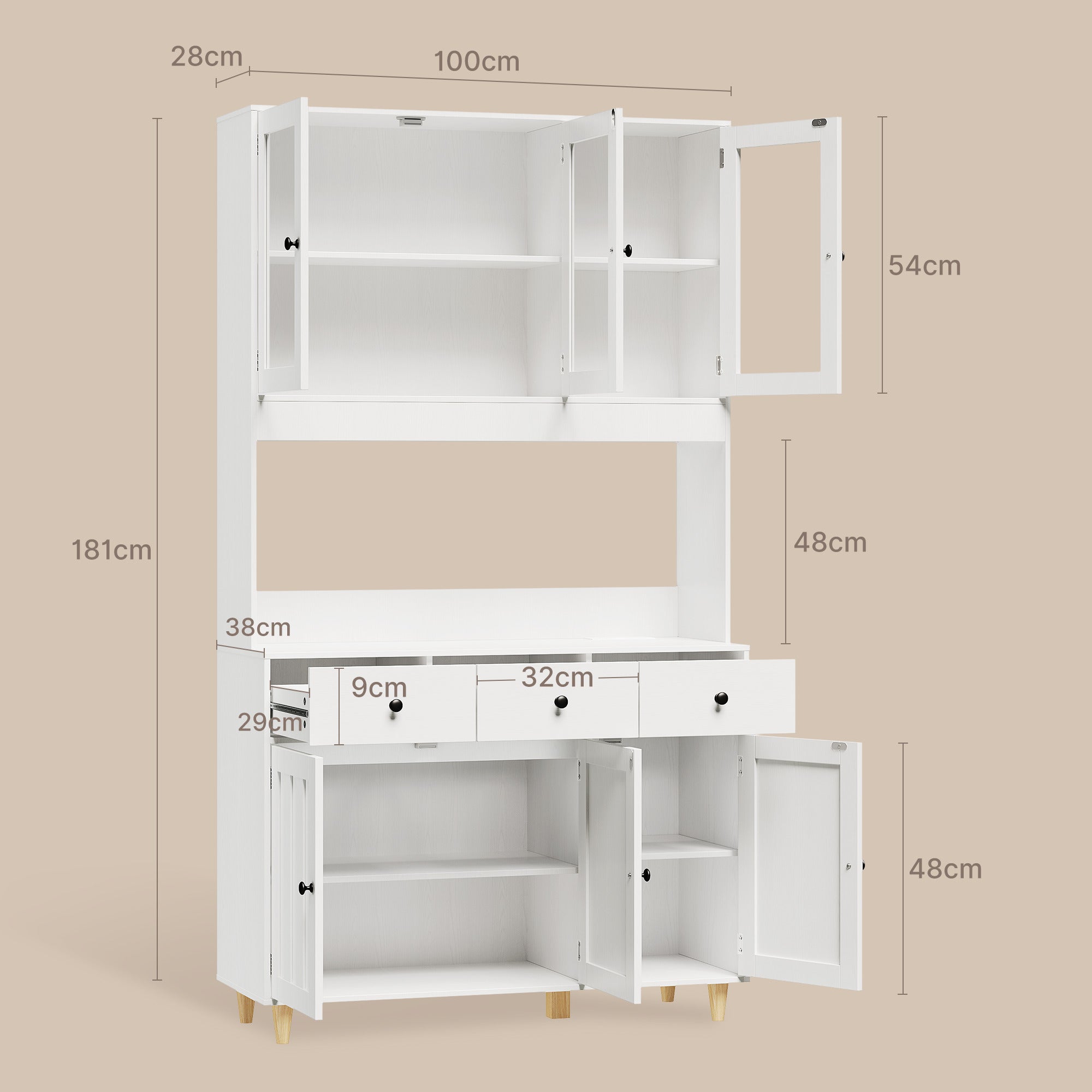 Bealife AP05 Küchenbuffet mit Acryl-Sichtfenster & LED-Beleuchtung 100×38×181 cm, Vitrinen Hochschrank mit verstellbaren Regalen für Ess- & Wohnzimmer