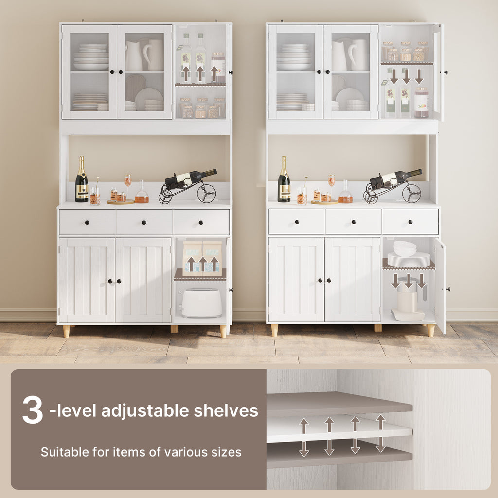 Bealife AP05 Küchenbuffet mit Acryl-Sichtfenster & LED-Beleuchtung 100×38×181 cm, Vitrinen Hochschrank mit verstellbaren Regalen für Ess- & Wohnzimmer