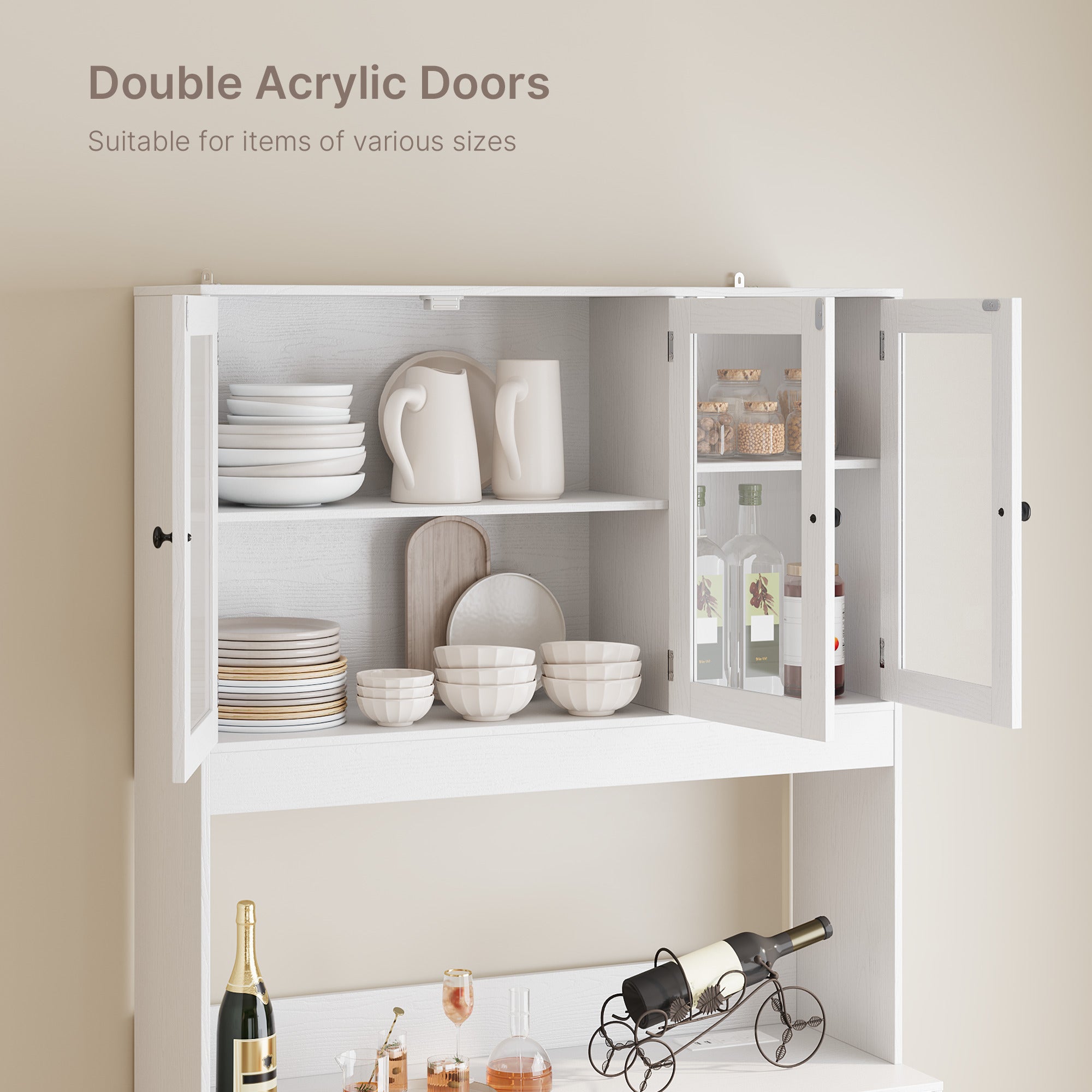 Bealife AP05 Küchenbuffet mit Acryl-Sichtfenster & LED-Beleuchtung 100×38×181 cm, Vitrinen Hochschrank mit verstellbaren Regalen für Ess- & Wohnzimmer