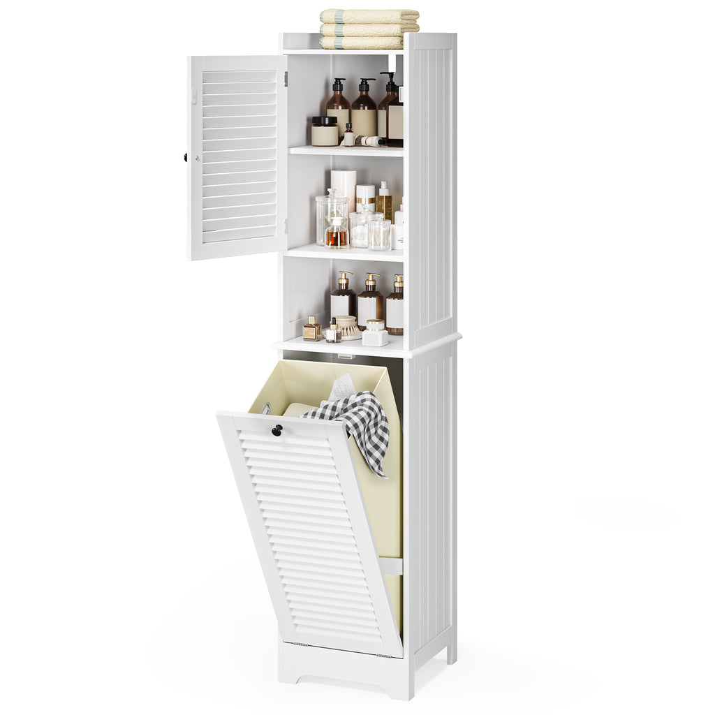 Bealife AP06 Badezimmerschrank mit integriertem Wäschekorb, Schmaler Wäscheschrank mit Kippsicherung - 40x37x170 cm
