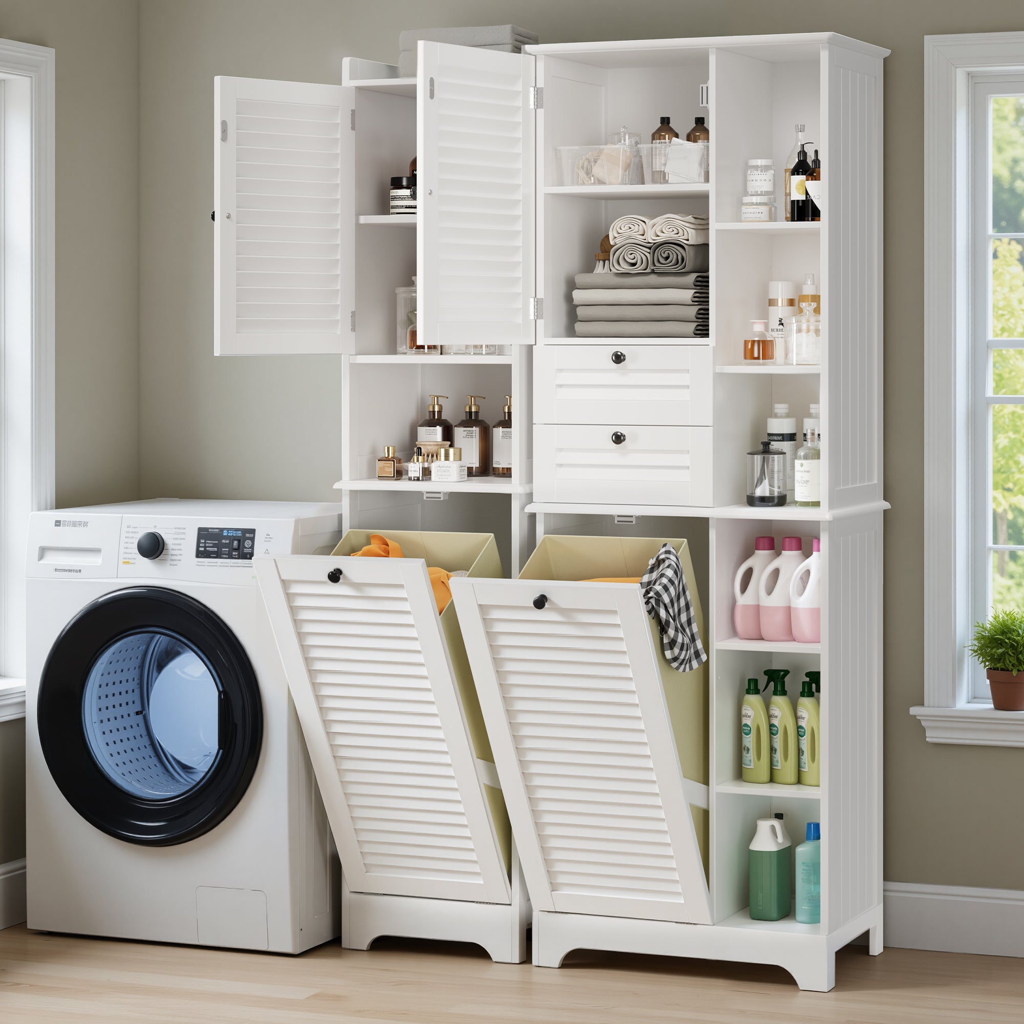 Bealife AP06 Badezimmerschrank mit integriertem Wäschekorb, Schmaler Wäscheschrank mit Kippsicherung - 40x37x170 cm