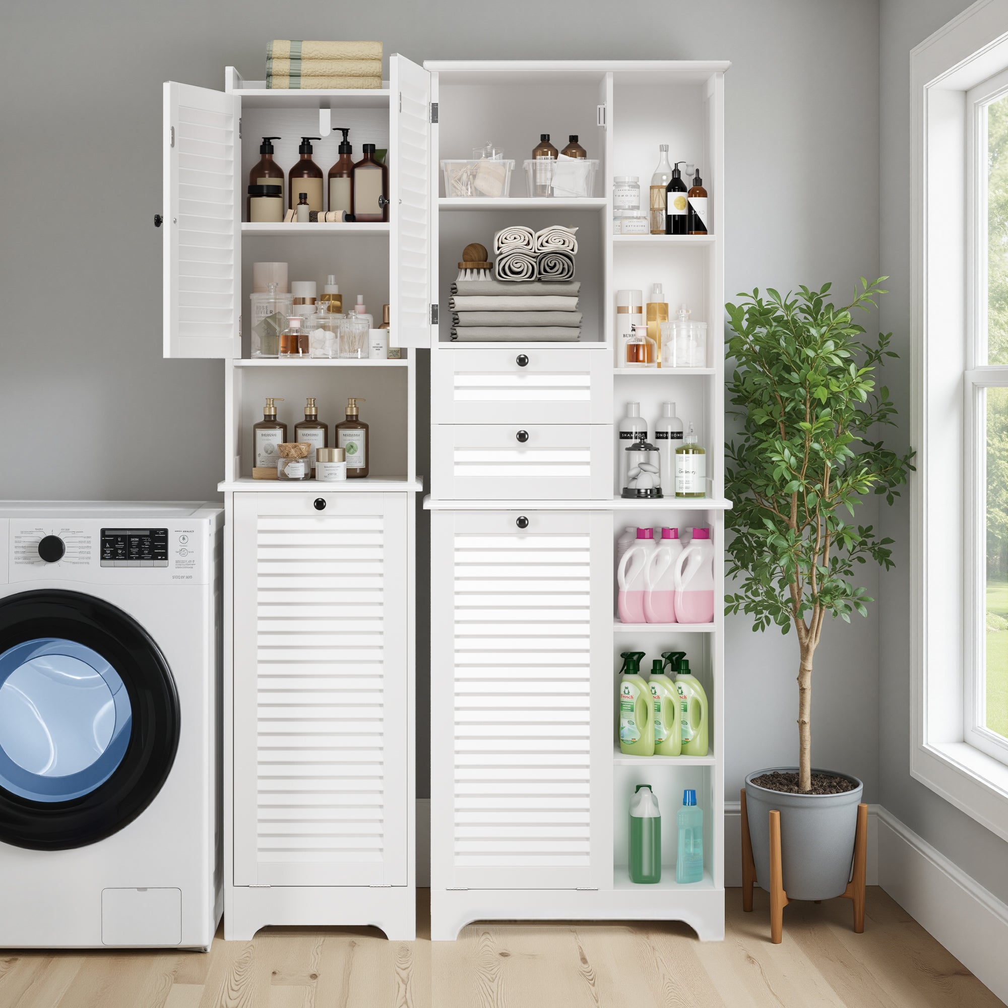 Bealife AP06 Badezimmerschrank mit integriertem Wäschekorb, Schmaler Wäscheschrank mit Kippsicherung - 40x37x170 cm
