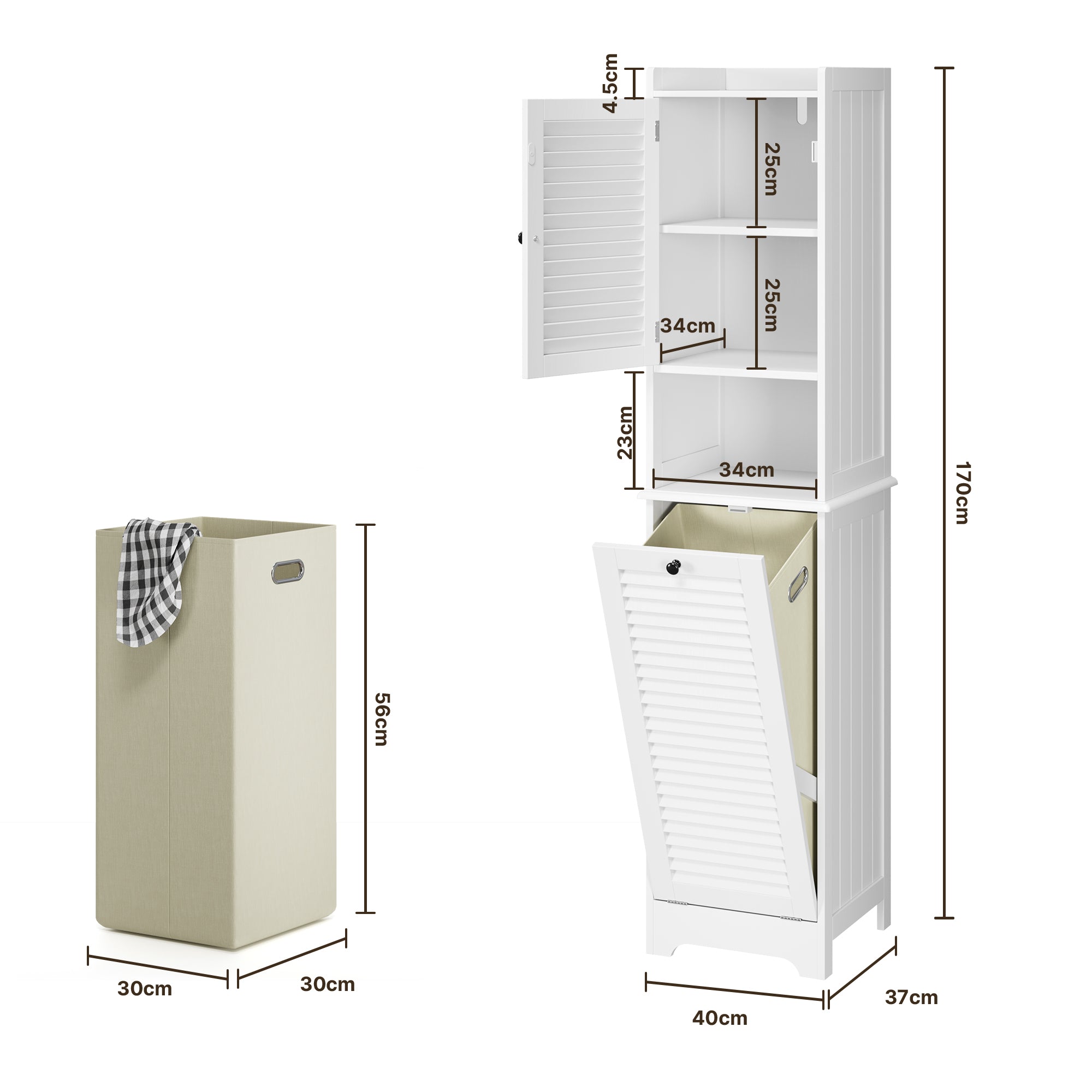 Bealife AP06 Badezimmerschrank mit integriertem Wäschekorb, Schmaler Wäscheschrank mit Kippsicherung - 40x37x170 cm