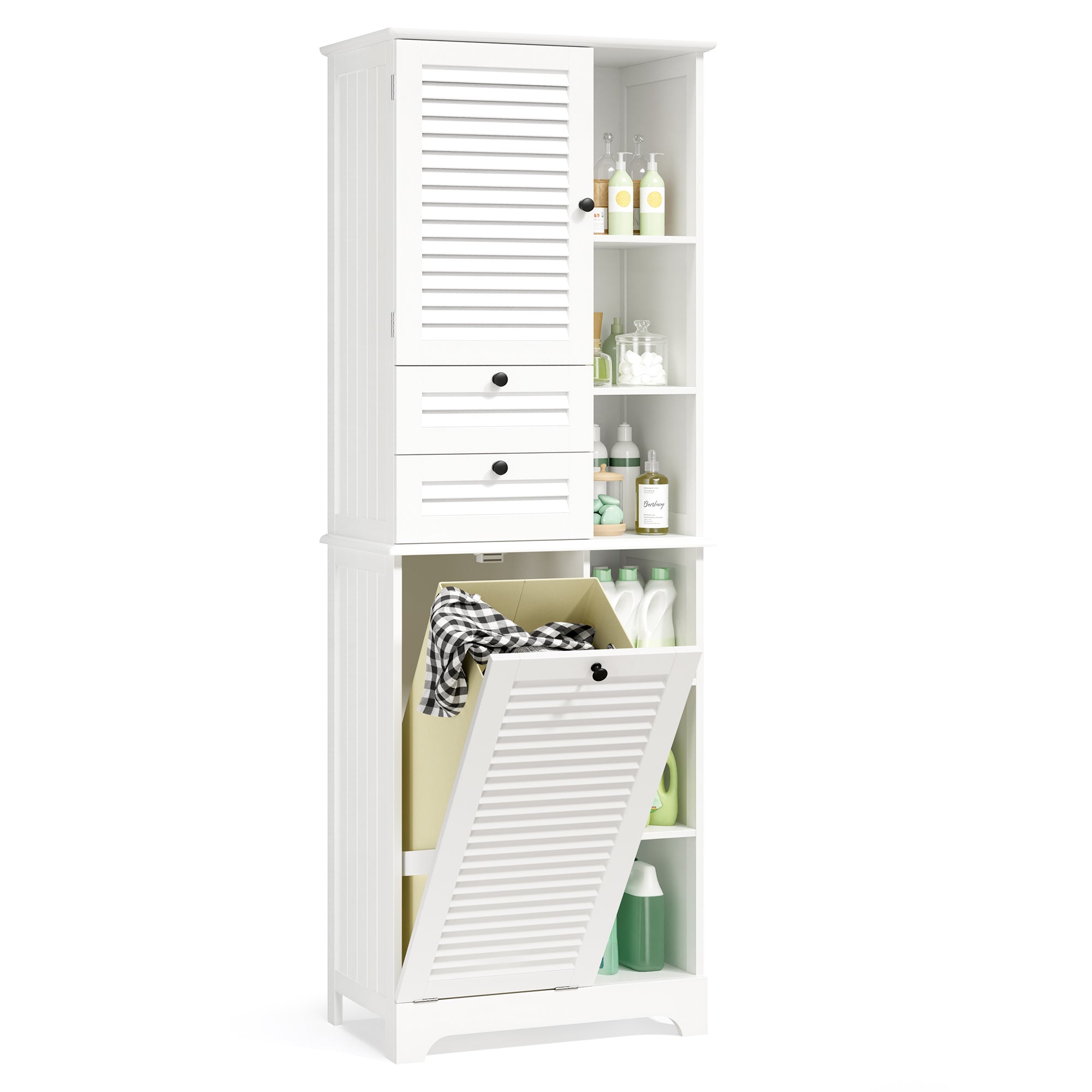 Bealife AP08 Wäscheschrank mit integriertem Wäschekorb, Schubladen & offene Fächer für Badezimmer & Waschküche