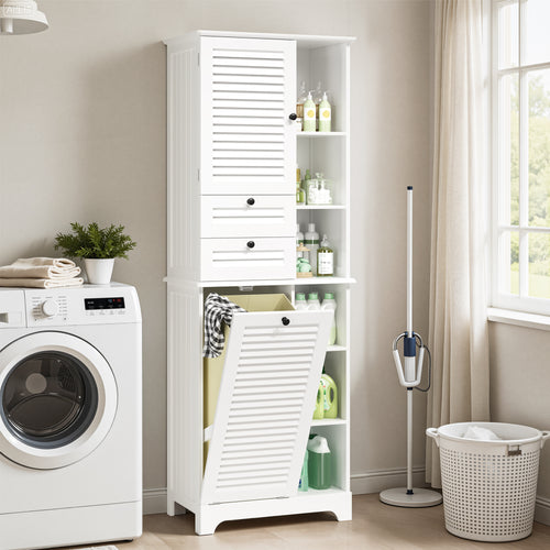 Bealife AP08 Wäscheschrank mit integriertem Wäschekorb, Schubladen & offene Fächer für Badezimmer & Waschküche