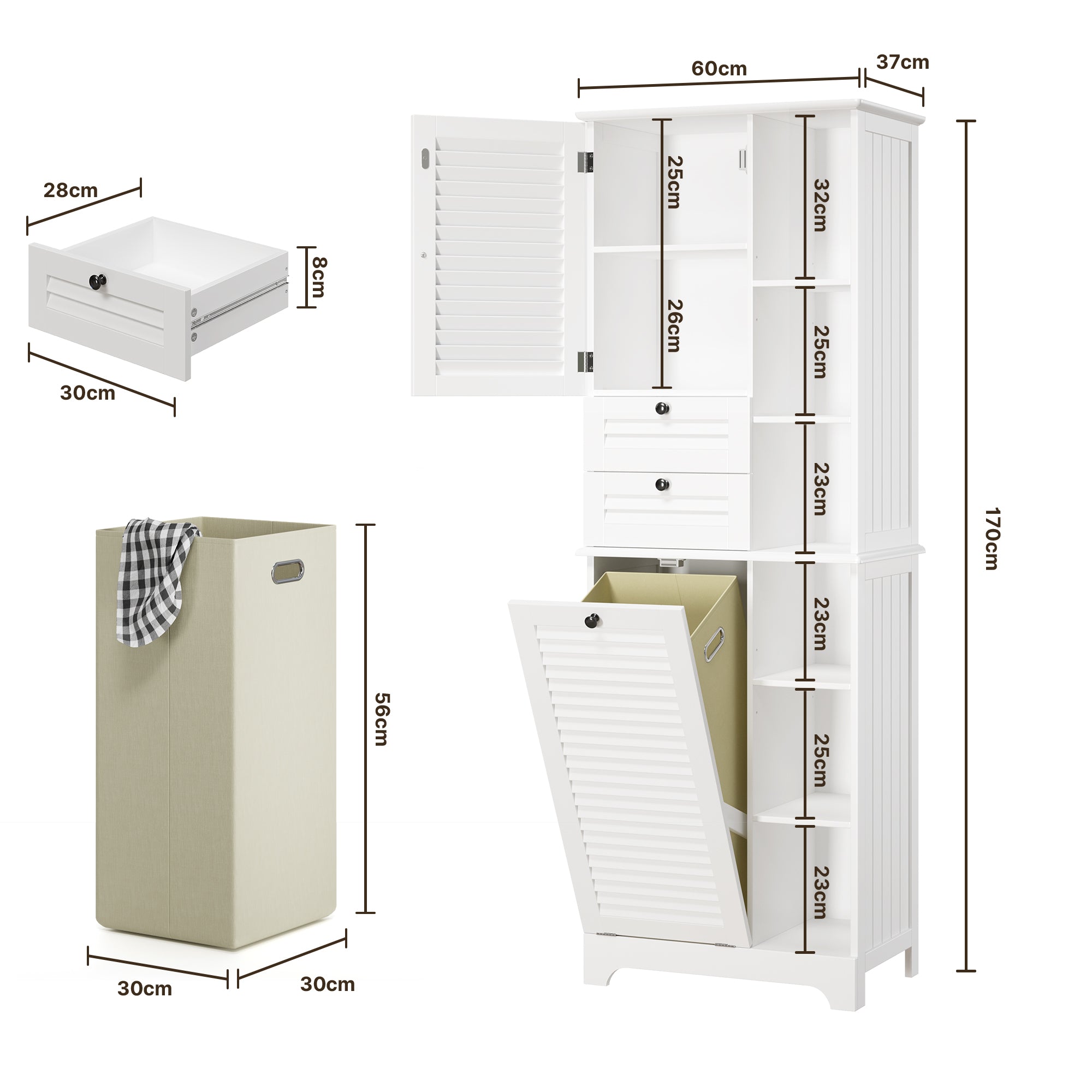 Bealife AP08 Wäscheschrank mit integriertem Wäschekorb, Schubladen & offene Fächer für Badezimmer & Waschküche