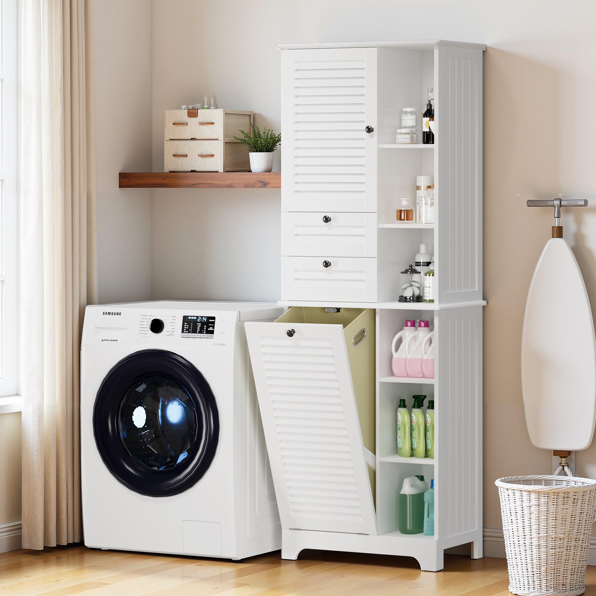 Bealife AP08 Wäscheschrank mit integriertem Wäschekorb, Schubladen & offene Fächer für Badezimmer & Waschküche