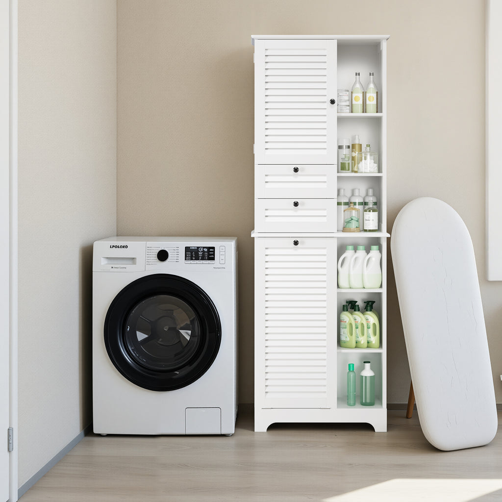 Bealife AP08 Wäscheschrank mit integriertem Wäschekorb, Schubladen & offene Fächer für Badezimmer & Waschküche