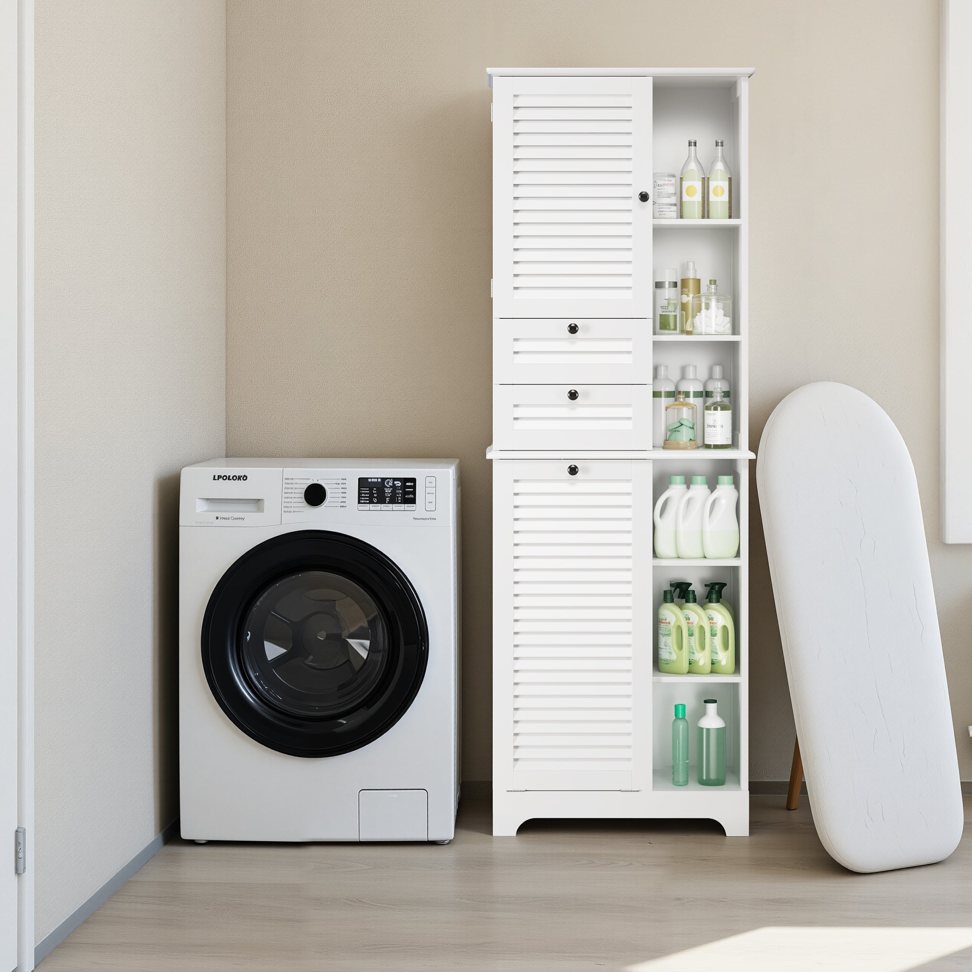 Bealife AP08 Wäscheschrank mit integriertem Wäschekorb, Schubladen & offene Fächer für Badezimmer & Waschküche