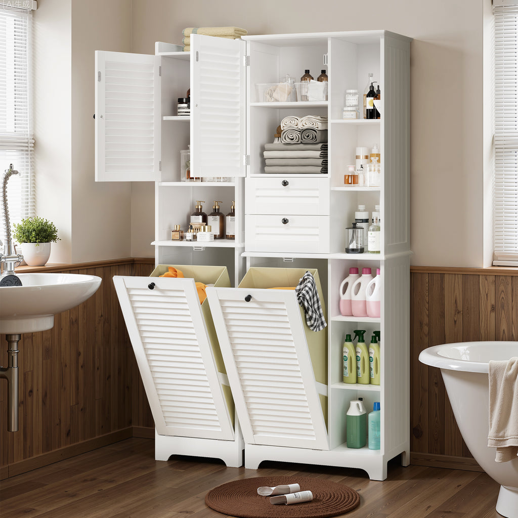 Bealife AP08 Wäscheschrank mit integriertem Wäschekorb, Schubladen & offene Fächer für Badezimmer & Waschküche