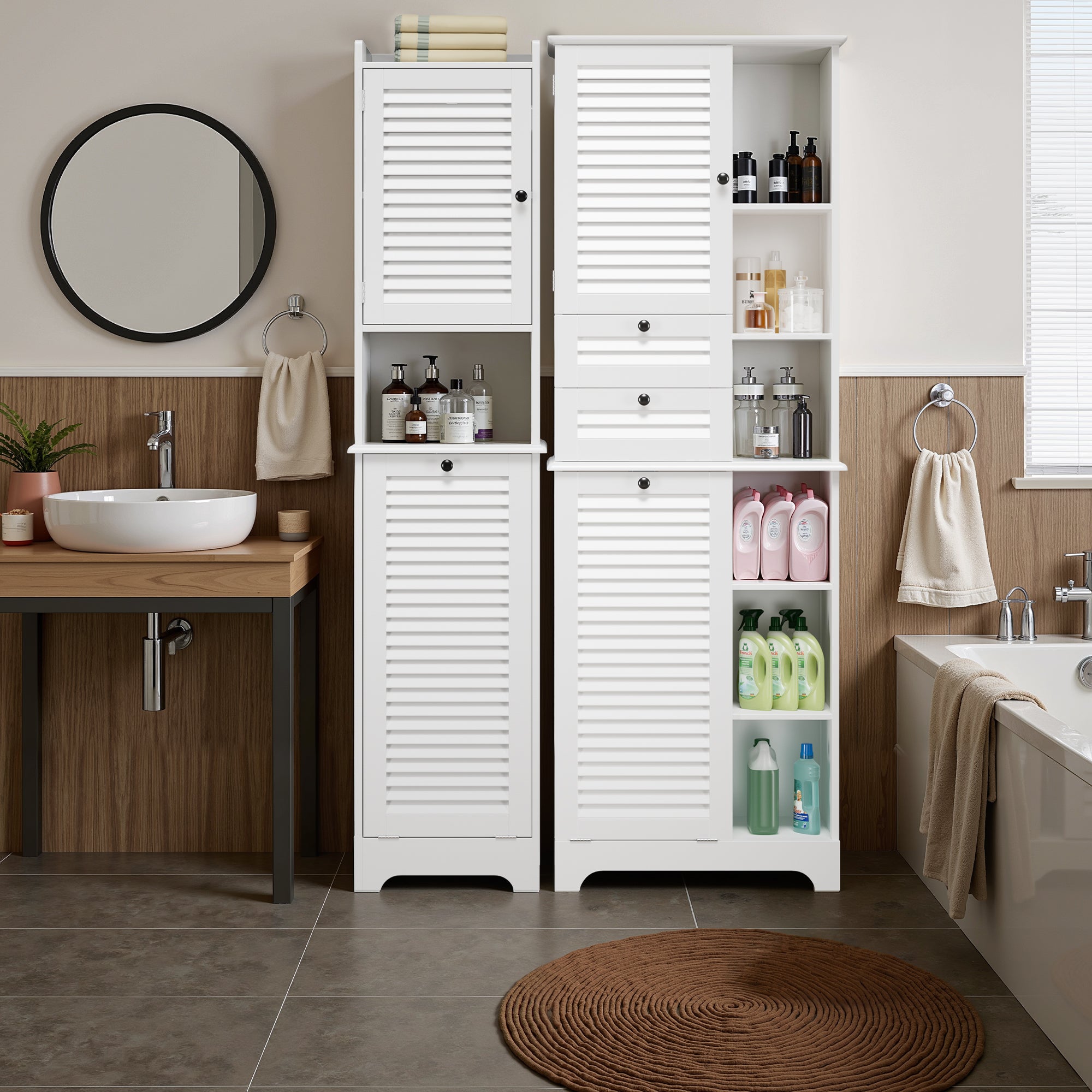 Bealife AP08 Wäscheschrank mit integriertem Wäschekorb, Schubladen & offene Fächer für Badezimmer & Waschküche