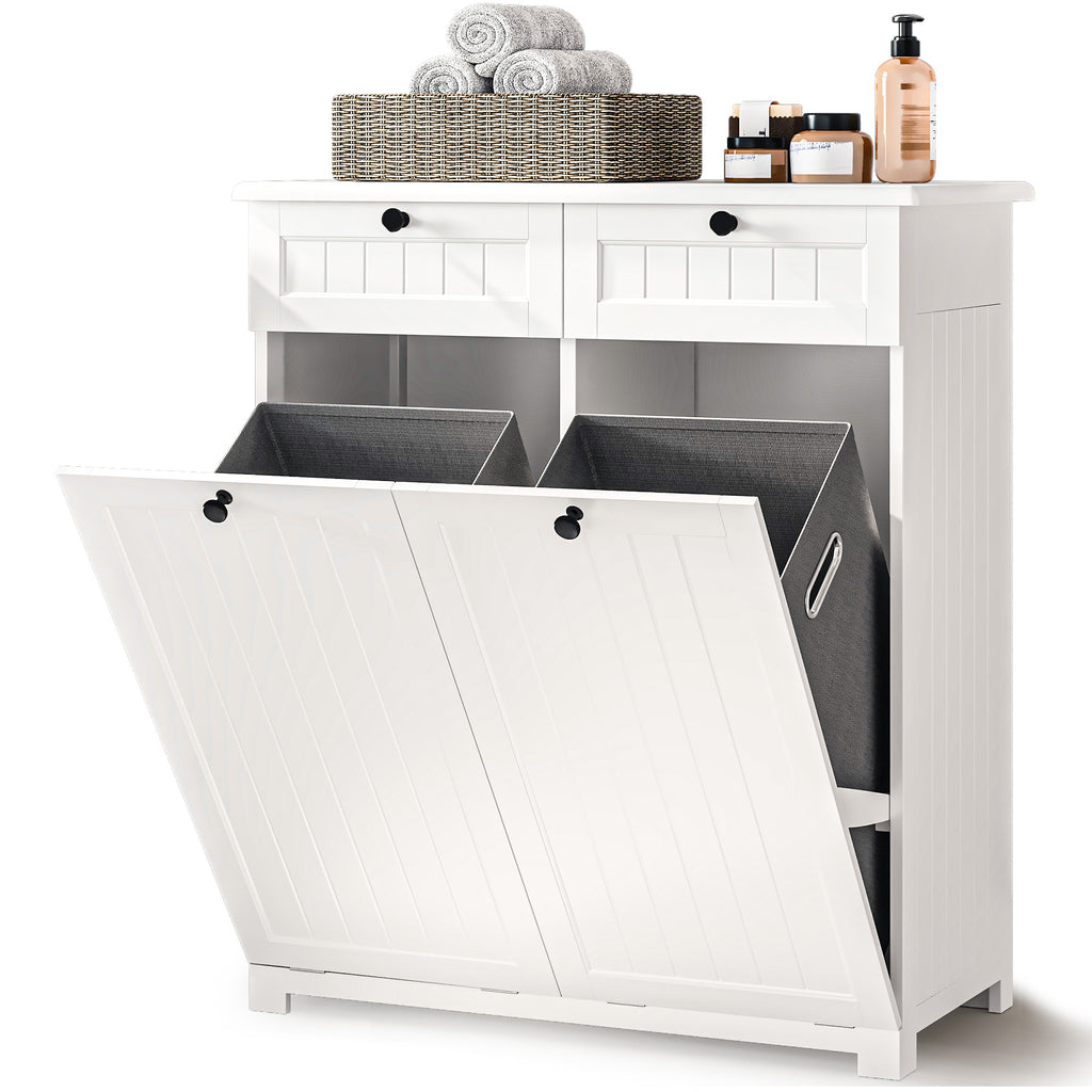 Bealife AP09 Wäscheschrank - 78×38×90 cm, Badezimmerschrank mit 2 Wäschekorb & 2  Schubladen für Badezimmer & Waschküche