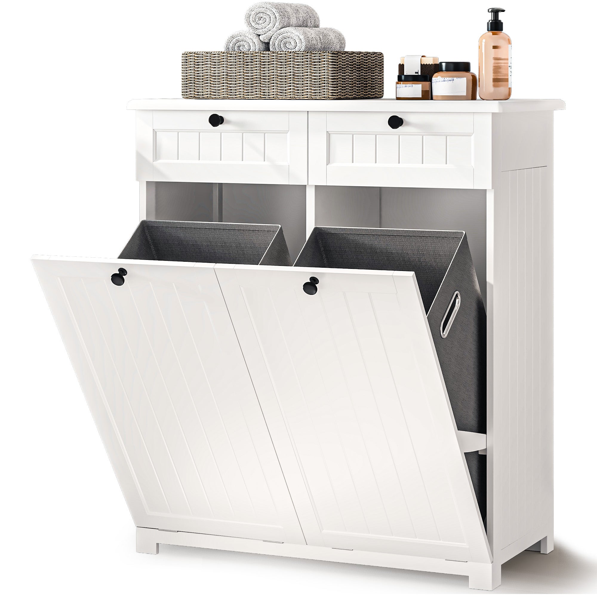 Bealife AP09 Wäscheschrank - 78×38×90 cm, Badezimmerschrank mit 2 Wäschekorb & 2  Schubladen für Badezimmer & Waschküche