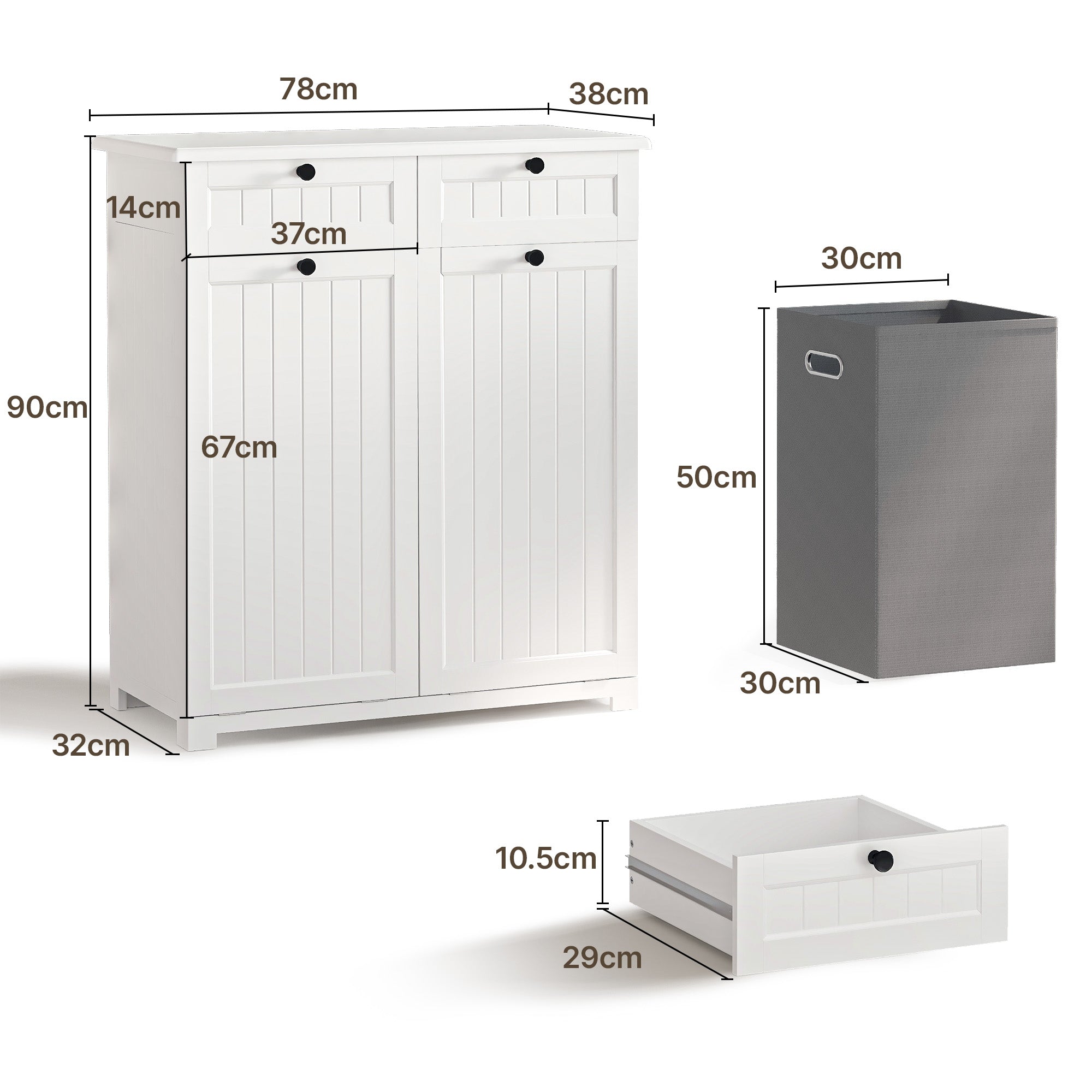 Bealife AP09 Wäscheschrank - 78×38×90 cm, Badezimmerschrank mit 2 Wäschekorb & 2  Schubladen für Badezimmer & Waschküche