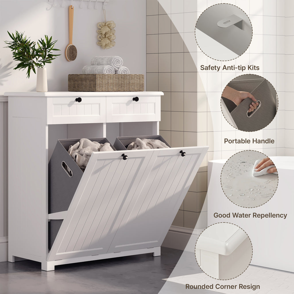 Bealife AP09 Wäscheschrank - 78×38×90 cm, Badezimmerschrank mit 2 Wäschekorb & 2  Schubladen für Badezimmer & Waschküche