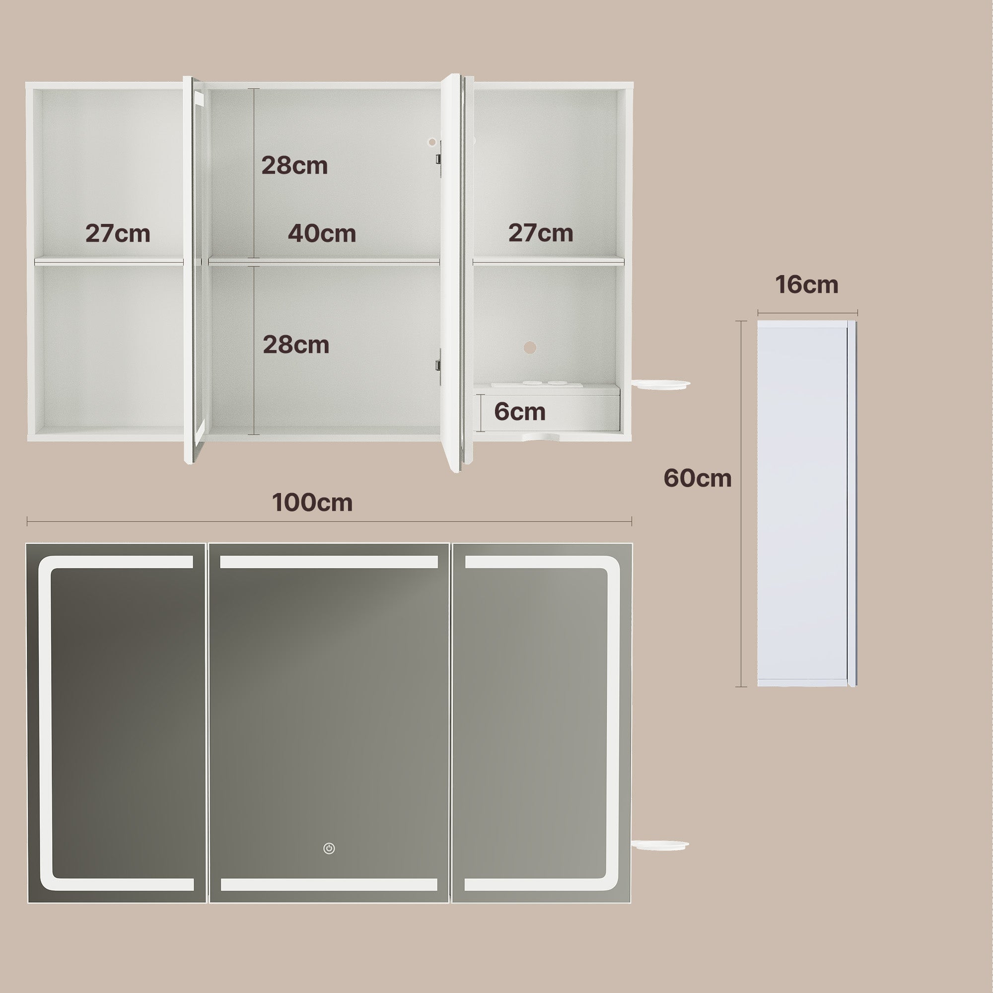 Bealife AP101 Badezimmer Spiegelschrank mit LED-Beleuchtung & Berührungssensor, 3-türiger Badezimmerschrank mit HD-Spiegel und verstellbaren Ablagen