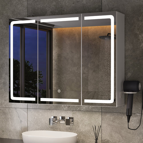 Bealife AP101 Badezimmer Spiegelschrank mit LED-Beleuchtung & Berührungssensor, 3-türiger Badezimmerschrank mit HD-Spiegel und verstellbaren Ablagen