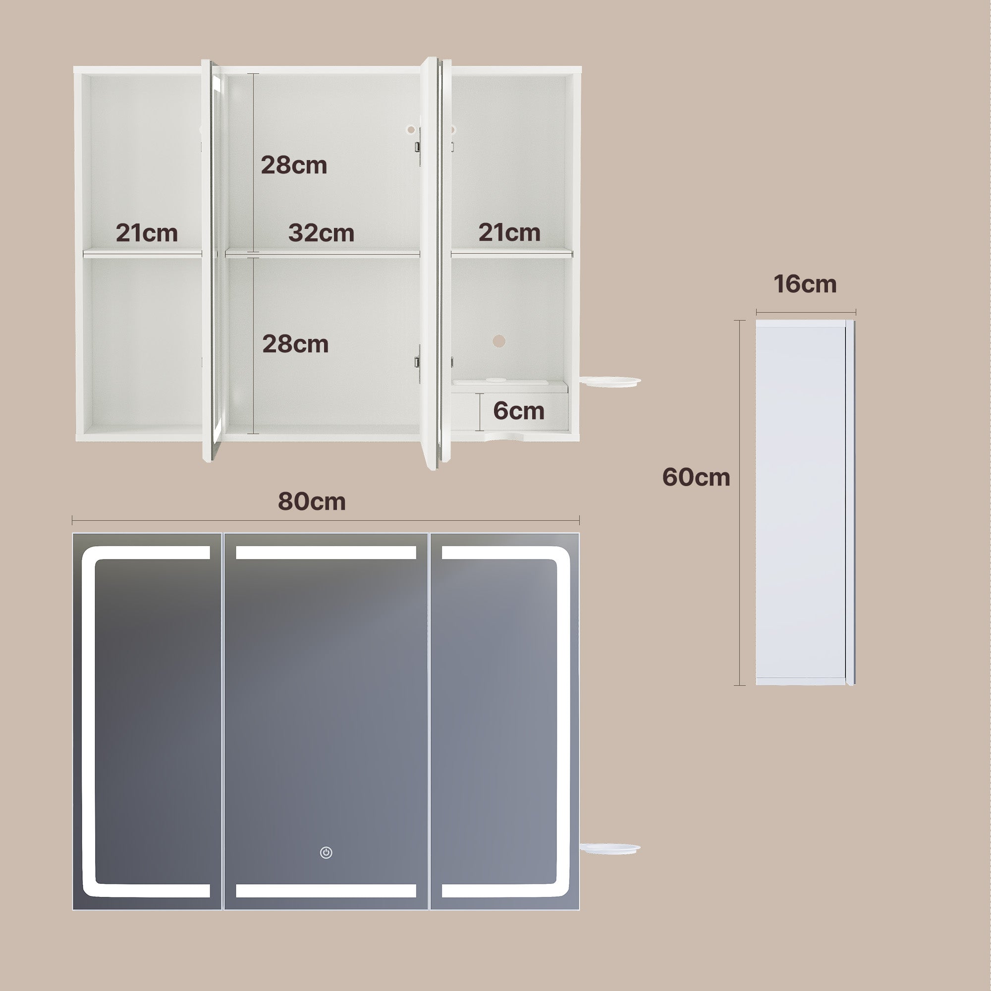 Bealife AP101 Badezimmer Spiegelschrank mit LED-Beleuchtung & Berührungssensor, 3-türiger Badezimmerschrank mit HD-Spiegel und verstellbaren Ablagen