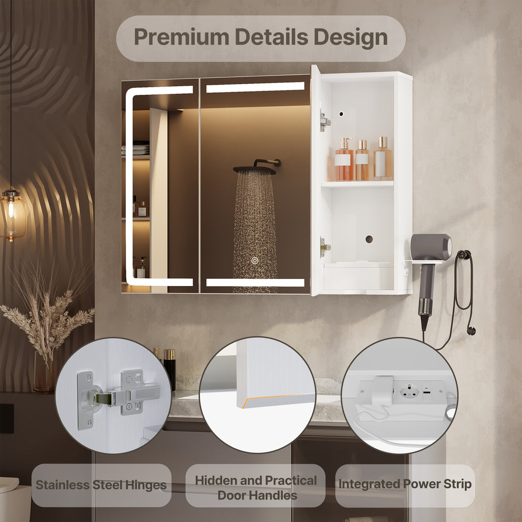 Bealife AP101 Badezimmer Spiegelschrank mit LED-Beleuchtung & Berührungssensor, 3-türiger Badezimmerschrank mit HD-Spiegel und verstellbaren Ablagen