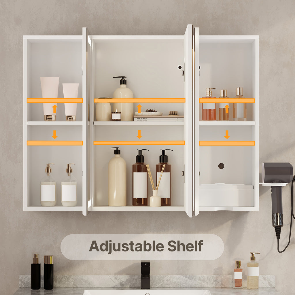 Bealife AP101 Badezimmer Spiegelschrank mit LED-Beleuchtung & Berührungssensor, 3-türiger Badezimmerschrank mit HD-Spiegel und verstellbaren Ablagen
