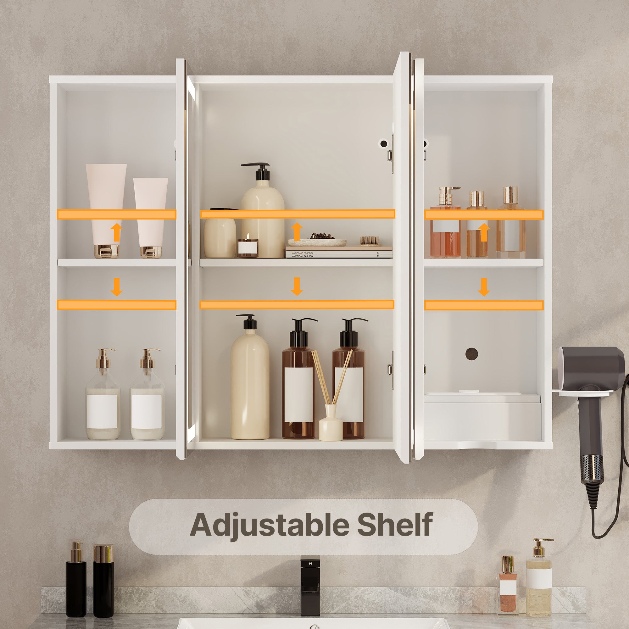 Bealife AP101 Badezimmer Spiegelschrank mit LED-Beleuchtung & Berührungssensor, 3-türiger Badezimmerschrank mit HD-Spiegel und verstellbaren Ablagen