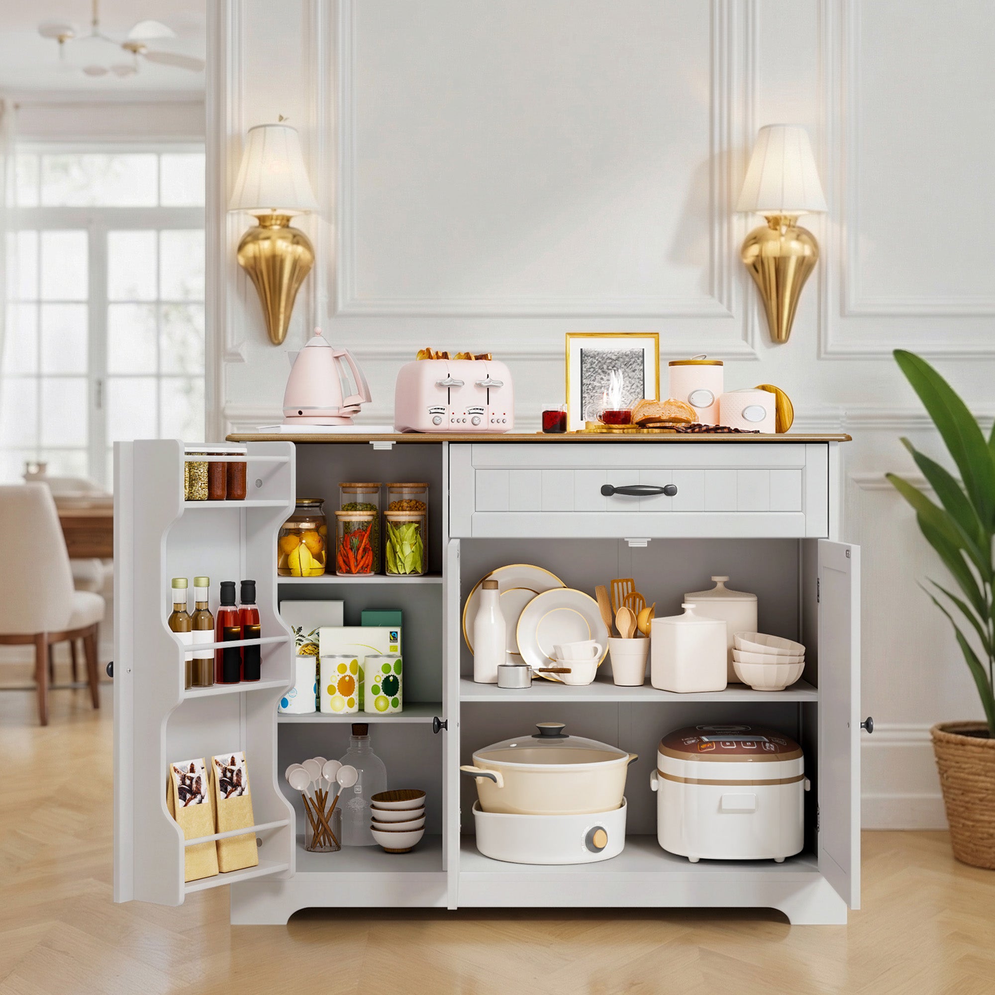Bealife AP102 Sideboad mit 3 Türen & 1 Schublade -105x40x85 cm, Retro-Stil & Kippschutz