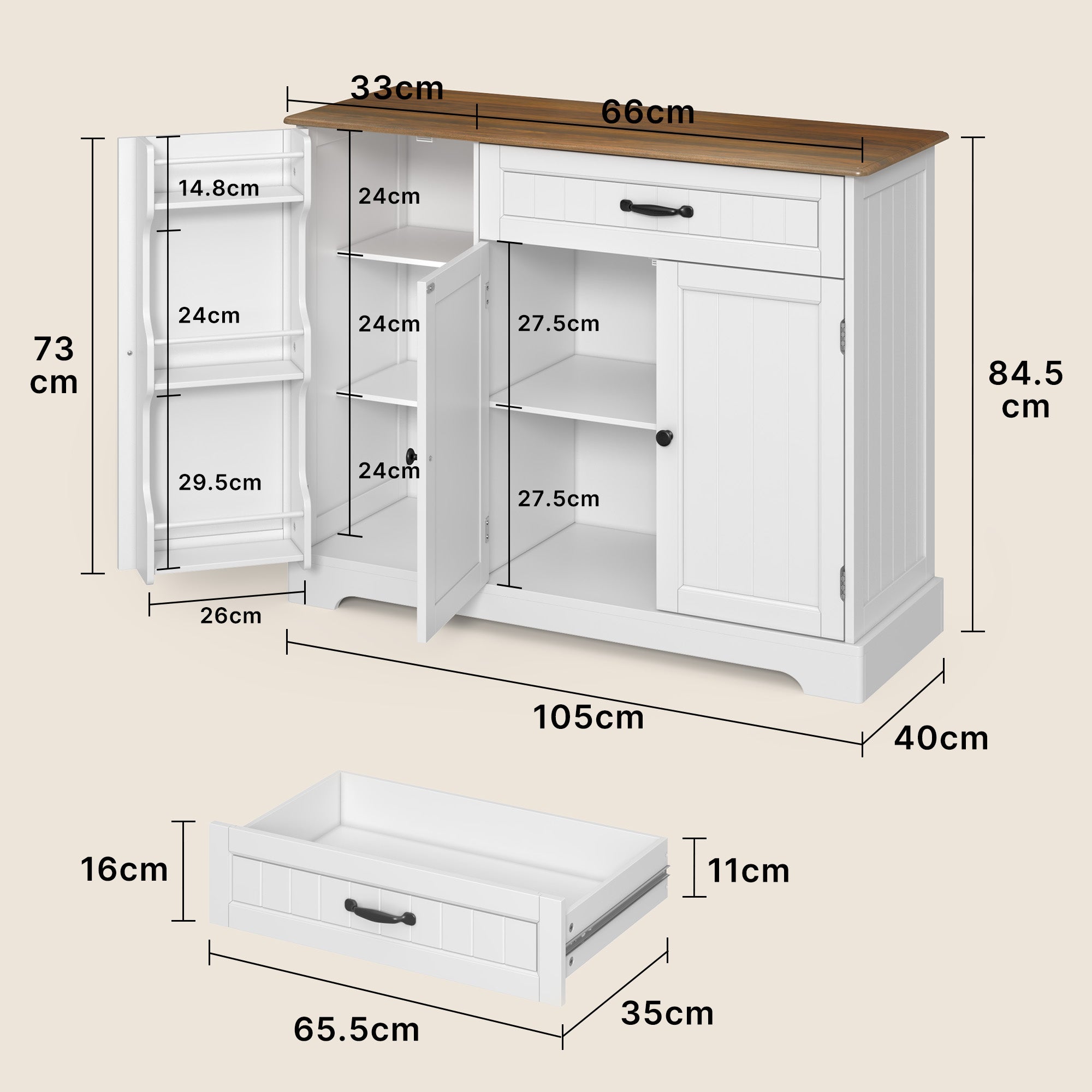 Bealife AP102 Sideboad mit 3 Türen & 1 Schublade -105x40x85 cm, Retro-Stil & Kippschutz