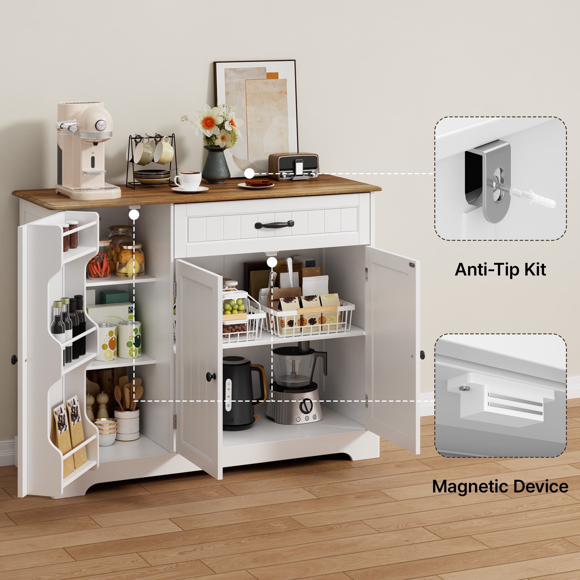 Bealife AP102 Sideboad mit 3 Türen & 1 Schublade -105x40x85 cm, Retro-Stil & Kippschutz