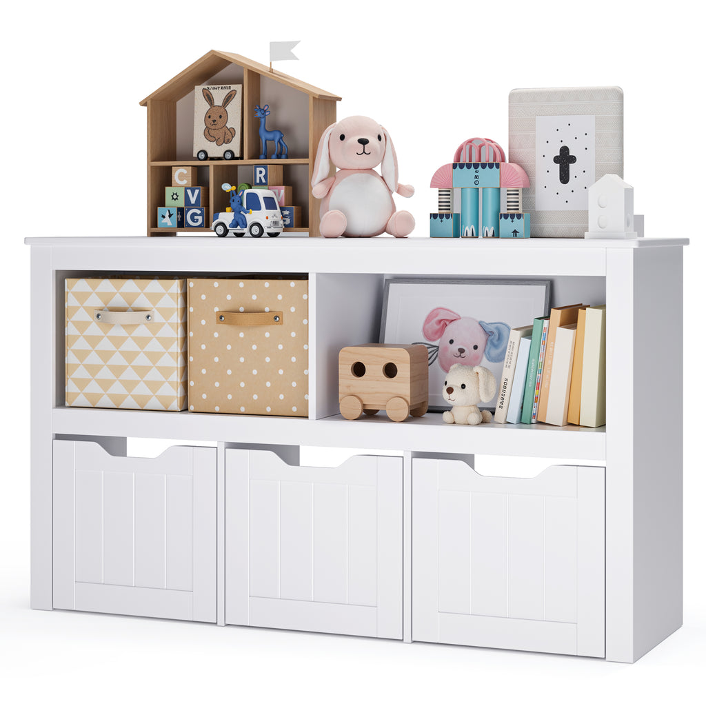 Bealife AP104 Spielzeugschrank für Kinderzimmer mit offenen Fächern und ausziehbare Schubladen mit Rollen