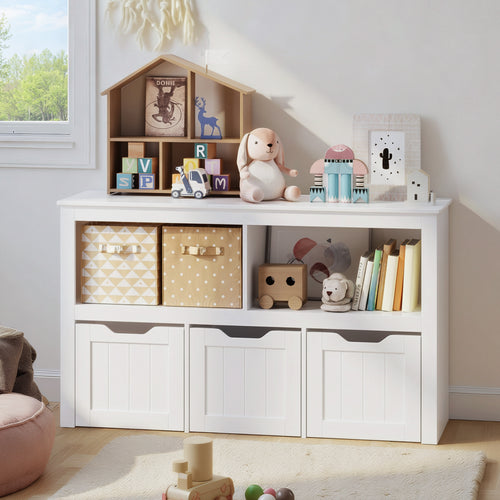 Bealife AP104 Spielzeugschrank für Kinderzimmer mit offenen Fächern und ausziehbare Schubladen mit Rollen