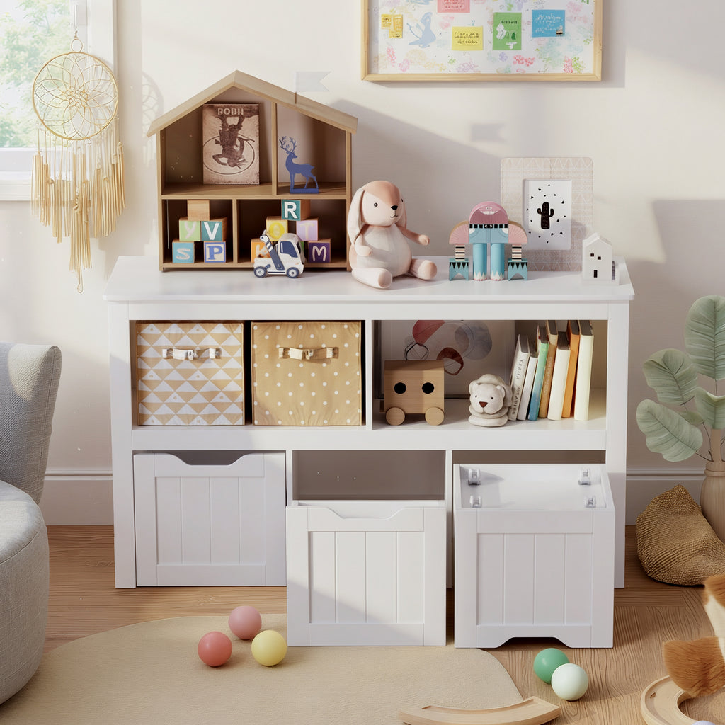 Bealife AP104 Spielzeugschrank für Kinderzimmer mit offenen Fächern und ausziehbare Schubladen mit Rollen