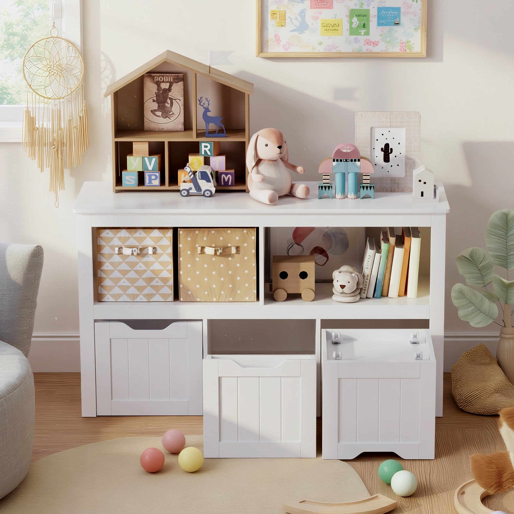 Bealife AP104 Spielzeugschrank für Kinderzimmer mit offenen Fächern und ausziehbare Schubladen mit Rollen