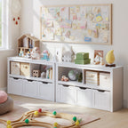Bealife AP104 Spielzeugschrank für Kinderzimmer mit offenen Fächern und ausziehbare Schubladen mit Rollen