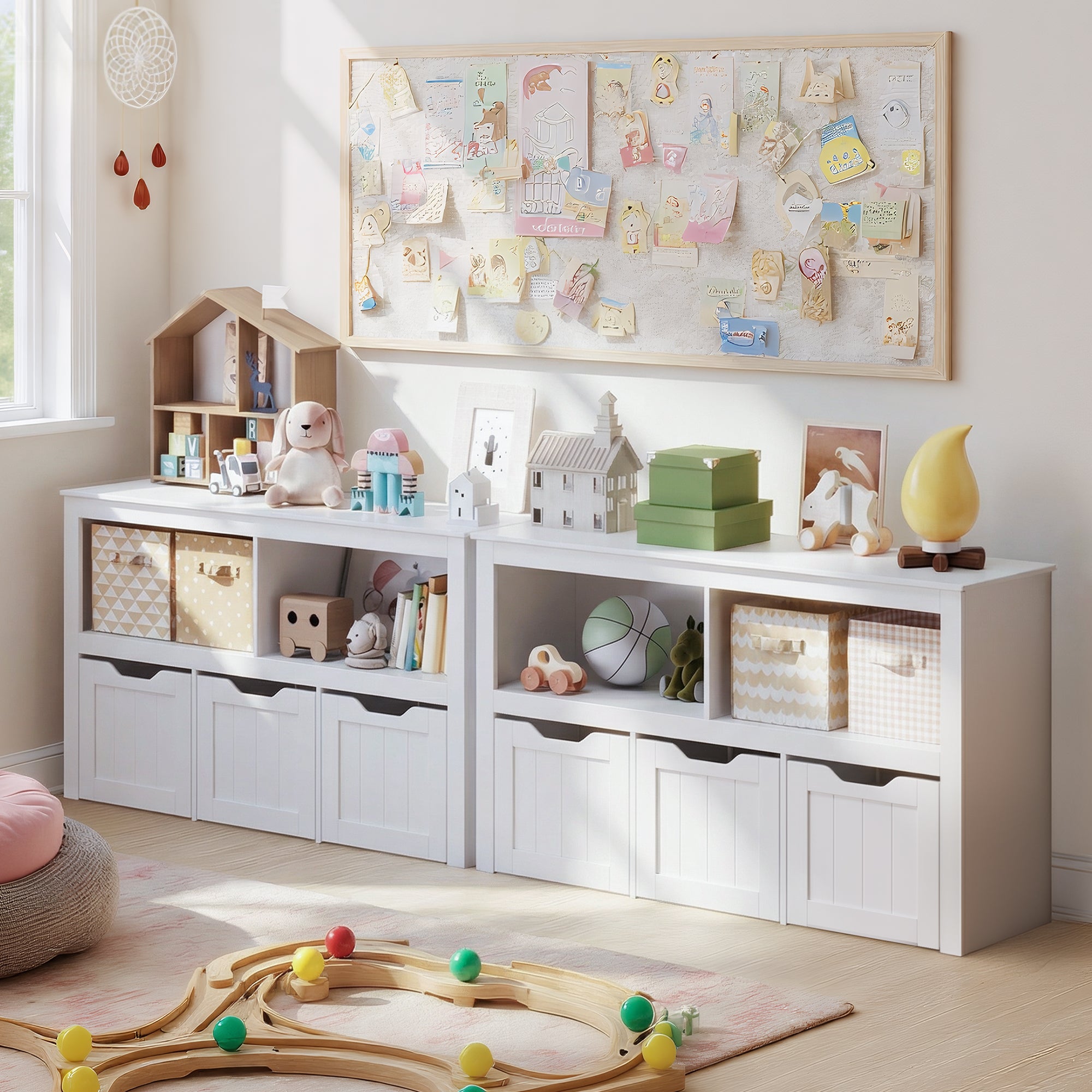 Bealife AP104 Spielzeugschrank für Kinderzimmer mit offenen Fächern und ausziehbare Schubladen mit Rollen