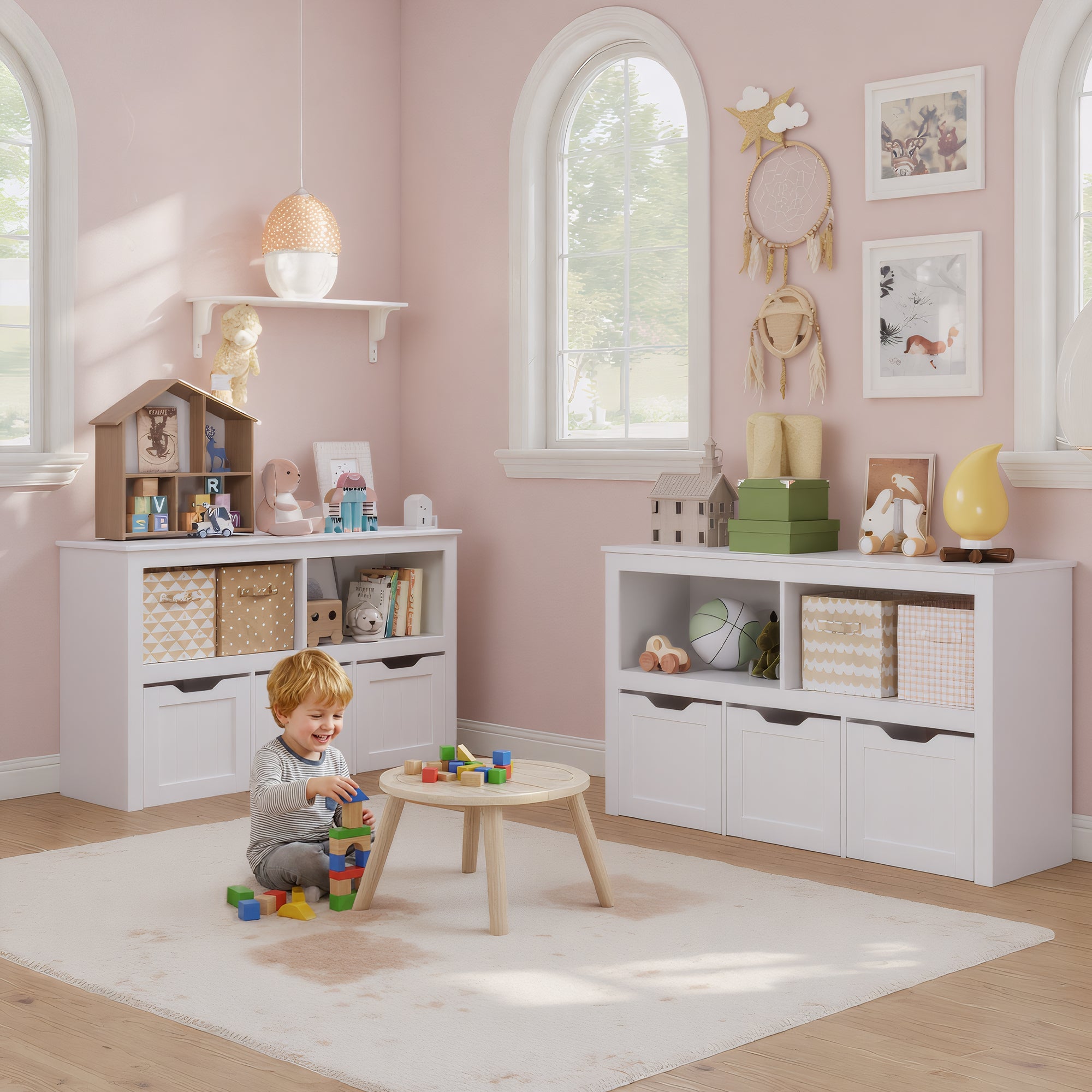 Bealife AP104 Spielzeugschrank für Kinderzimmer mit offenen Fächern und ausziehbare Schubladen mit Rollen