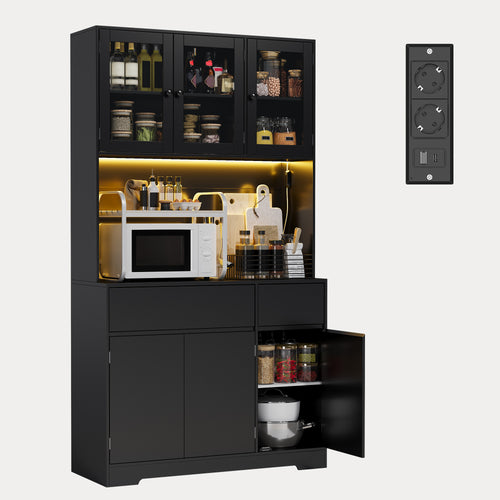 Bealife AP120 Küchenschrank mit Ladestation & Farbverstellbar LED Beleuchtung, Vitrinenschrank Hochschrank mit verstellbaren Regalen für Esszimmer, Wohnzimmer