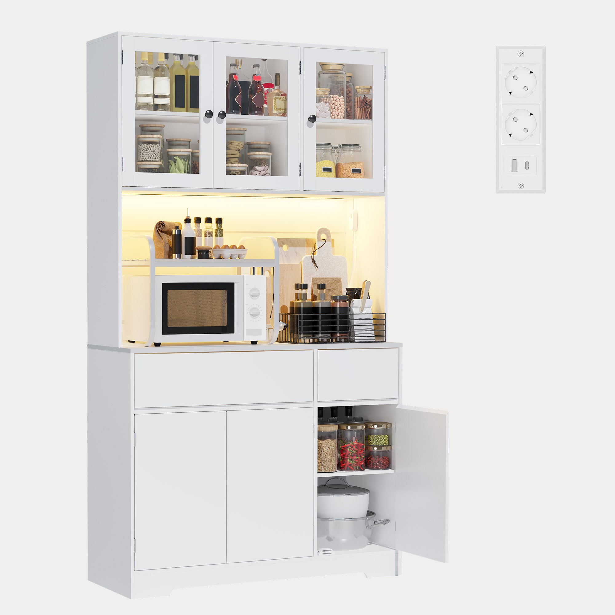 Bealife AP120 Küchenschrank mit Ladestation & Farbverstellbar LED Beleuchtung, Vitrinenschrank Hochschrank mit verstellbaren Regalen für Esszimmer, Wohnzimmer