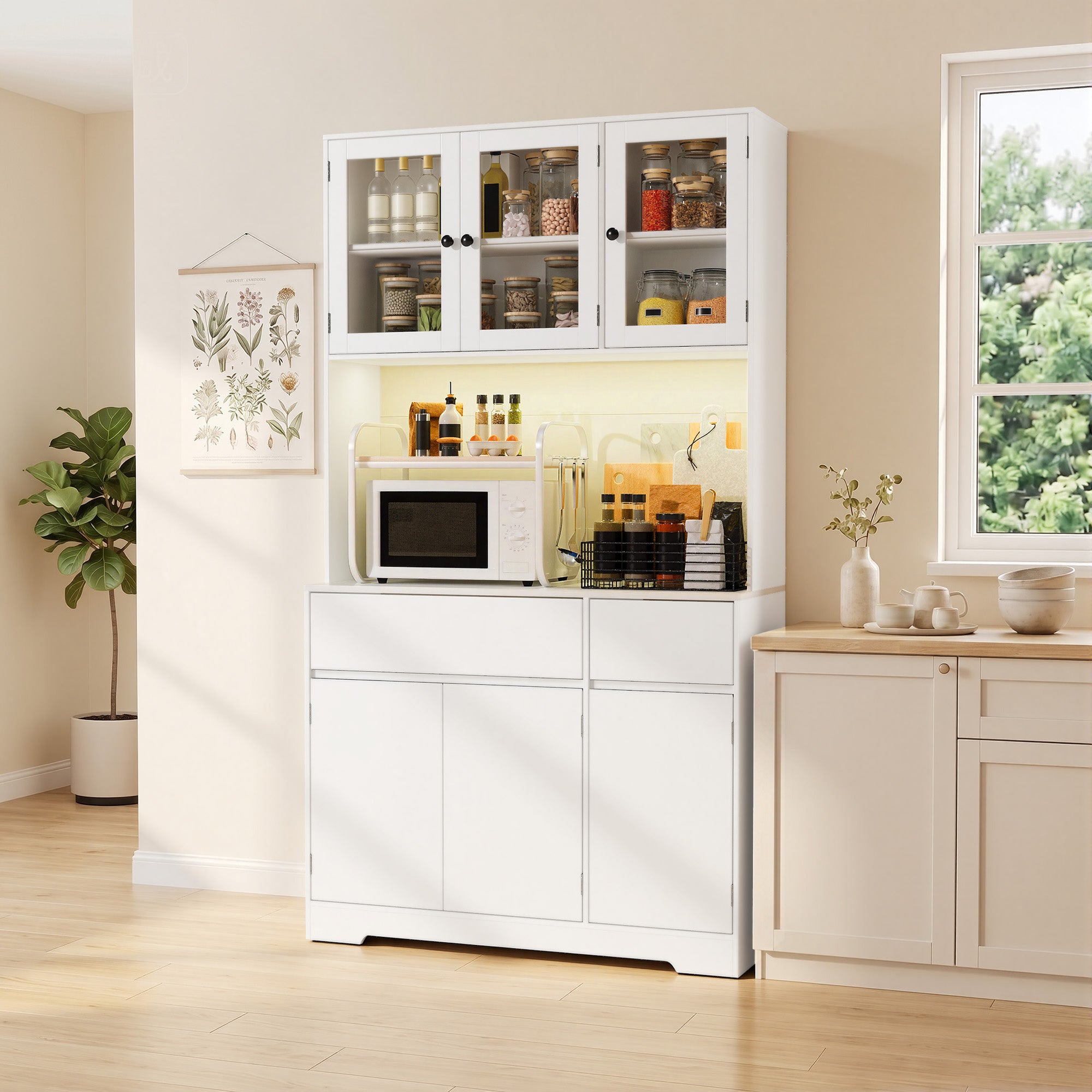 Bealife AP120 Küchenschrank mit Ladestation & Farbverstellbar LED Beleuchtung, Vitrinenschrank Hochschrank mit verstellbaren Regalen für Esszimmer, Wohnzimmer