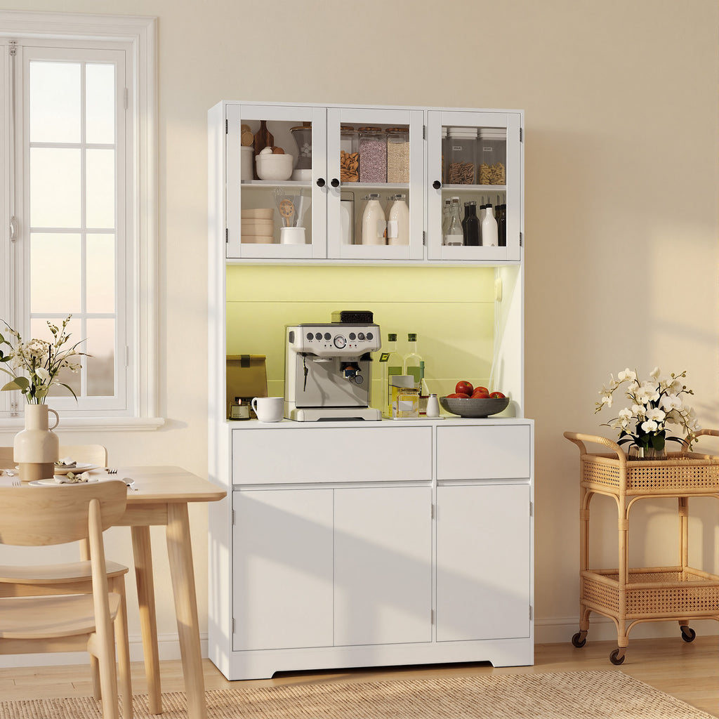 Bealife AP120 Küchenschrank mit Ladestation & Farbverstellbar LED Beleuchtung, Vitrinenschrank Hochschrank mit verstellbaren Regalen für Esszimmer, Wohnzimmer