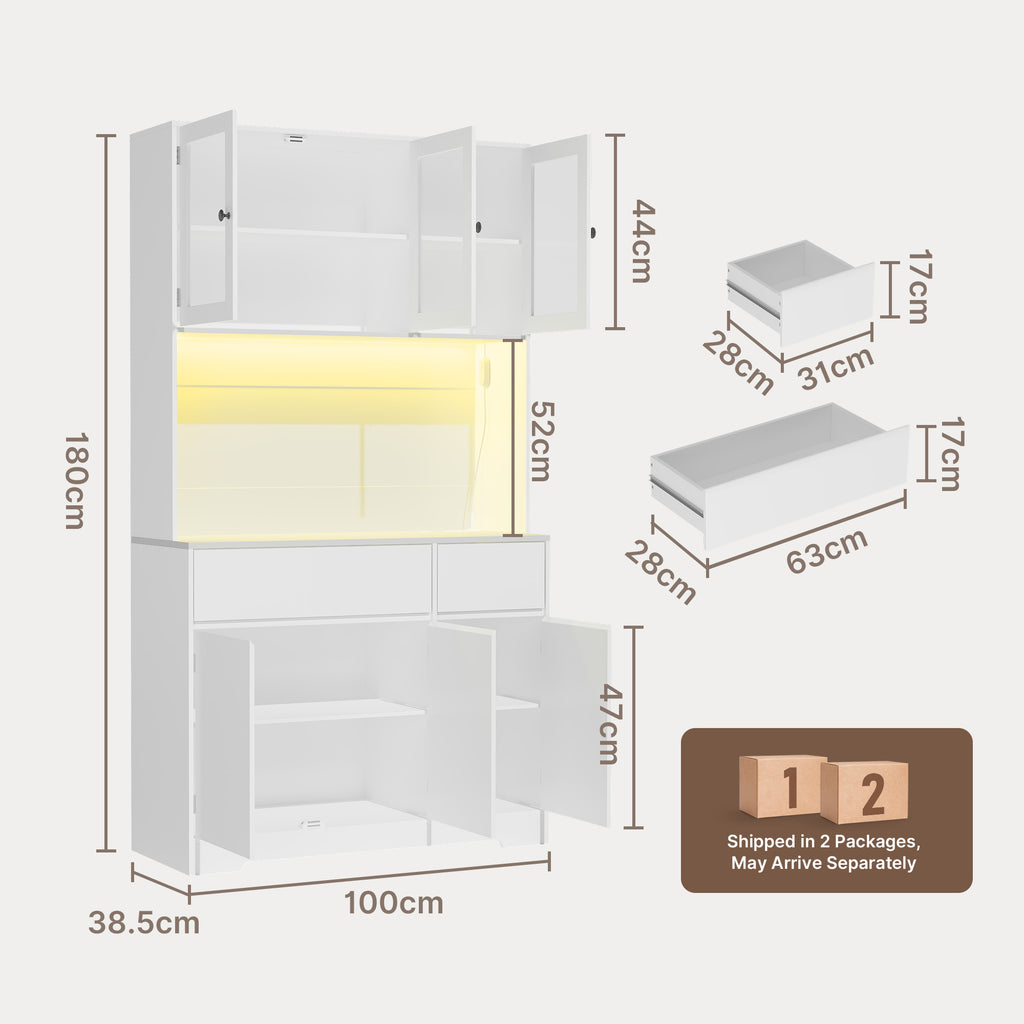Bealife AP120 Küchenschrank mit Ladestation & Farbverstellbar LED Beleuchtung, Vitrinenschrank Hochschrank mit verstellbaren Regalen für Esszimmer, Wohnzimmer