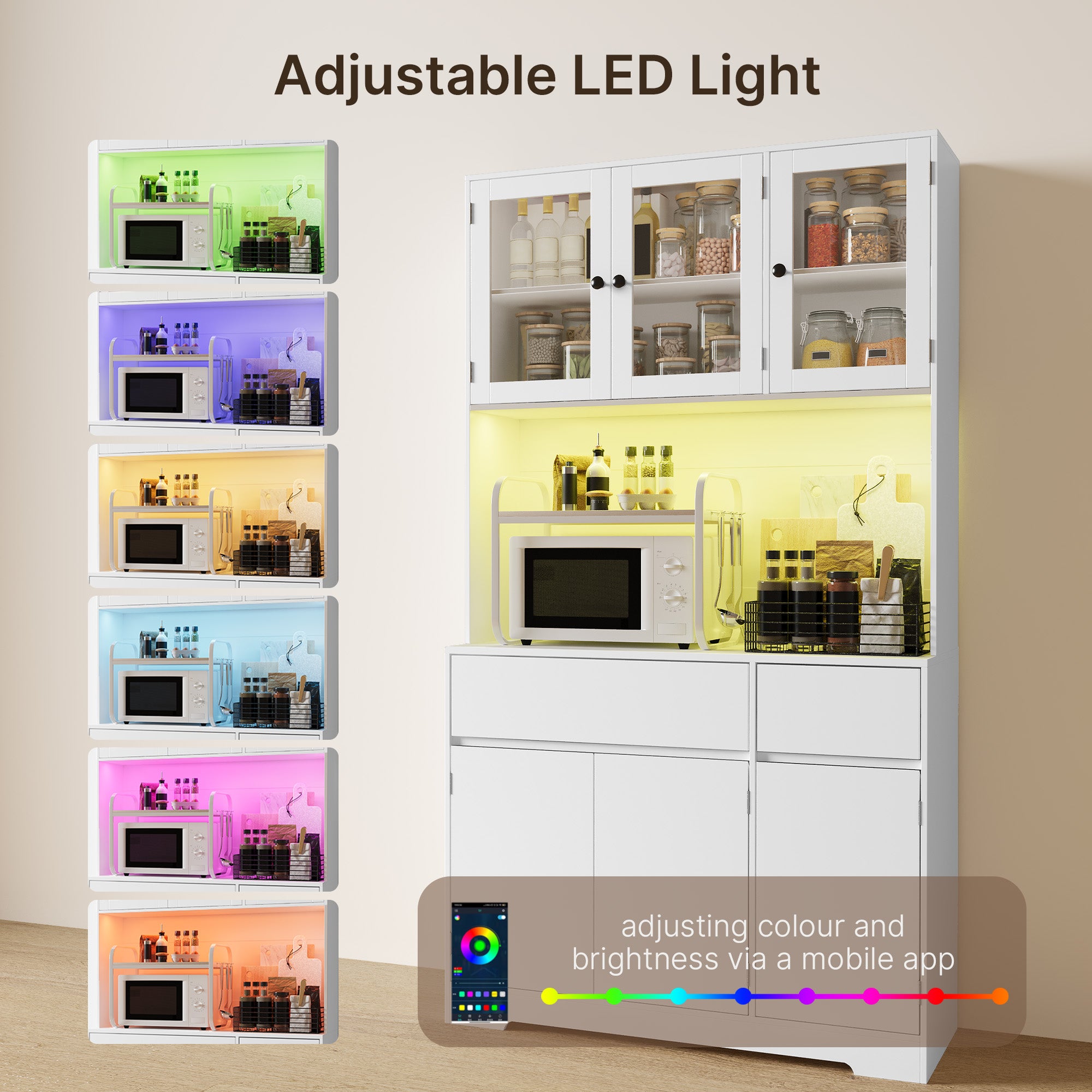 Bealife AP120 Küchenschrank mit Ladestation & Farbverstellbar LED Beleuchtung, Vitrinenschrank Hochschrank mit verstellbaren Regalen für Esszimmer, Wohnzimmer