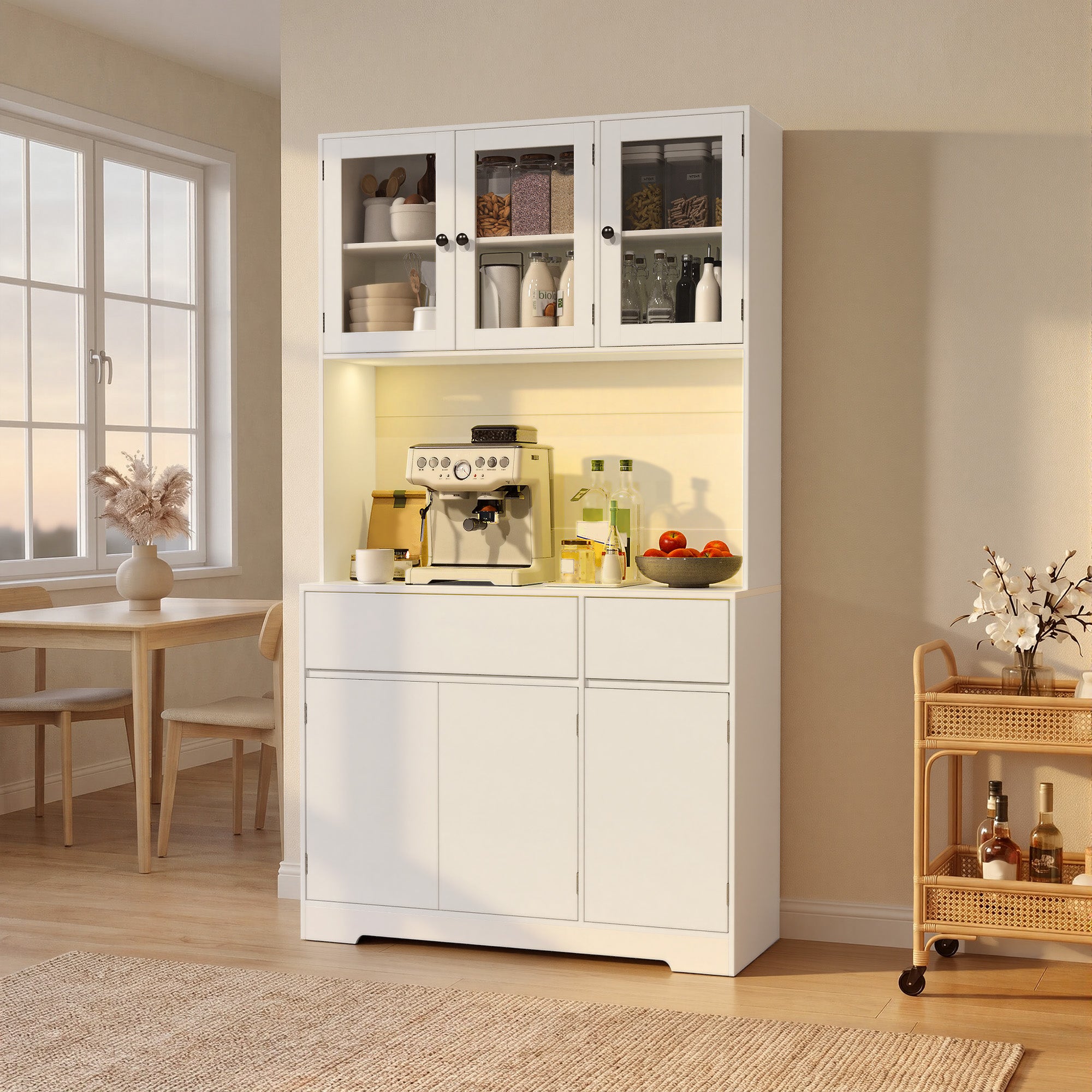 Bealife AP120 Küchenschrank mit Ladestation & Farbverstellbar LED Beleuchtung, Vitrinenschrank Hochschrank mit verstellbaren Regalen für Esszimmer, Wohnzimmer